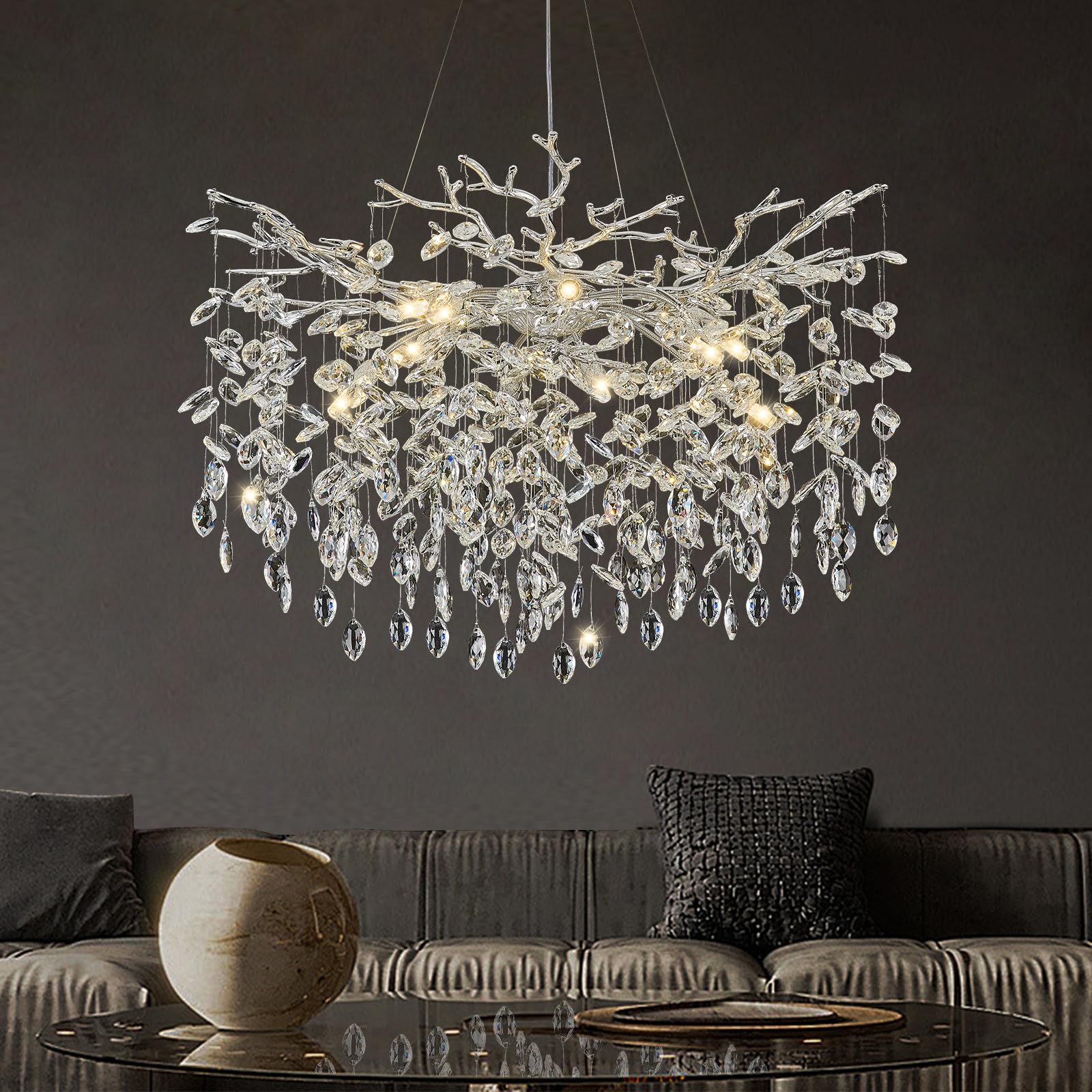 EWIMXSVC Modern Crystal Chandeliers for Dining Room, 24" Silver Tree Branch Chandelier 8 Lights Kitchen Island Lighting Round Hanging Pendant Light