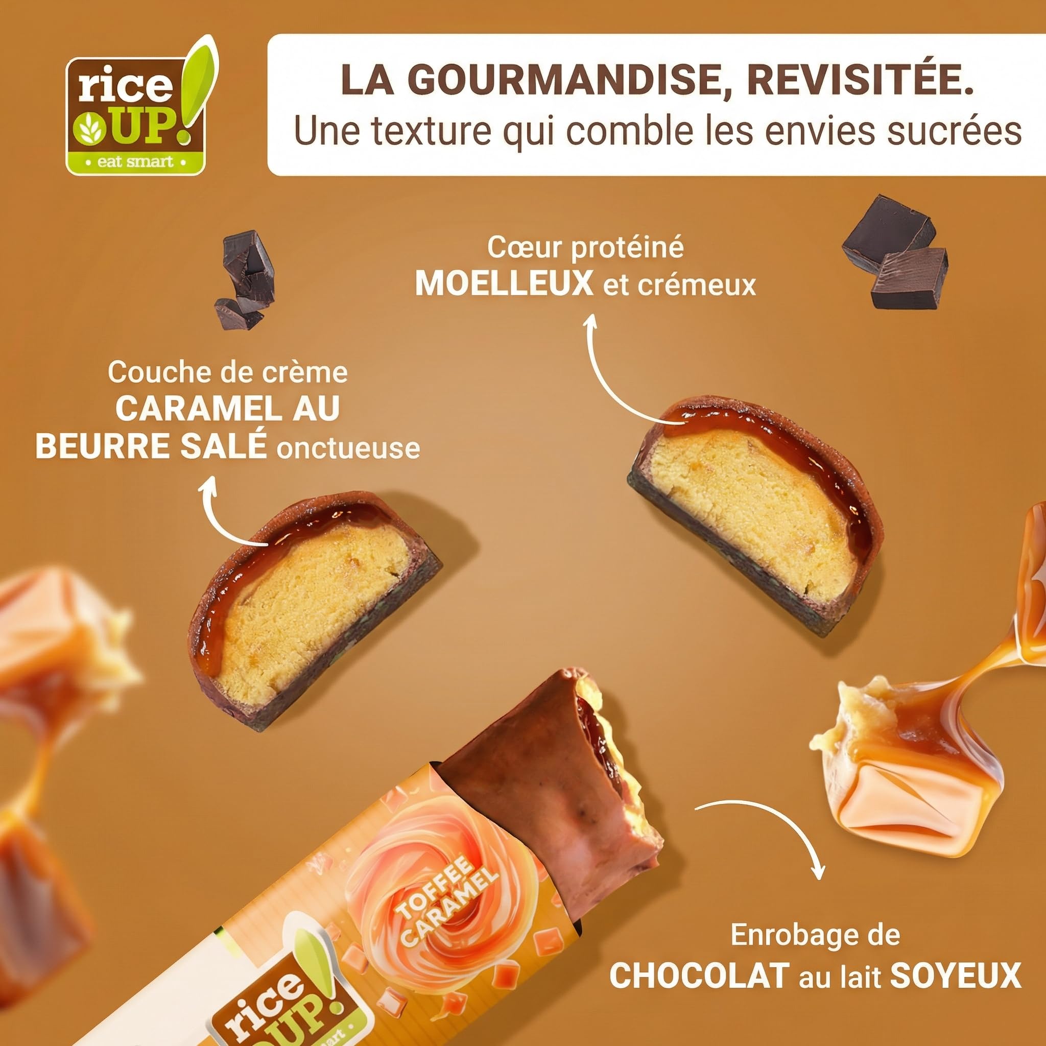 RiceUP! Barre Protéinée Toffee 30% – Barre Protéine Sans Sucre Ajouté, Sans Gluten & Sans Huile de Palme – Snack Protéiné Fitness & Nutrition Sportive – 15 x 40 g