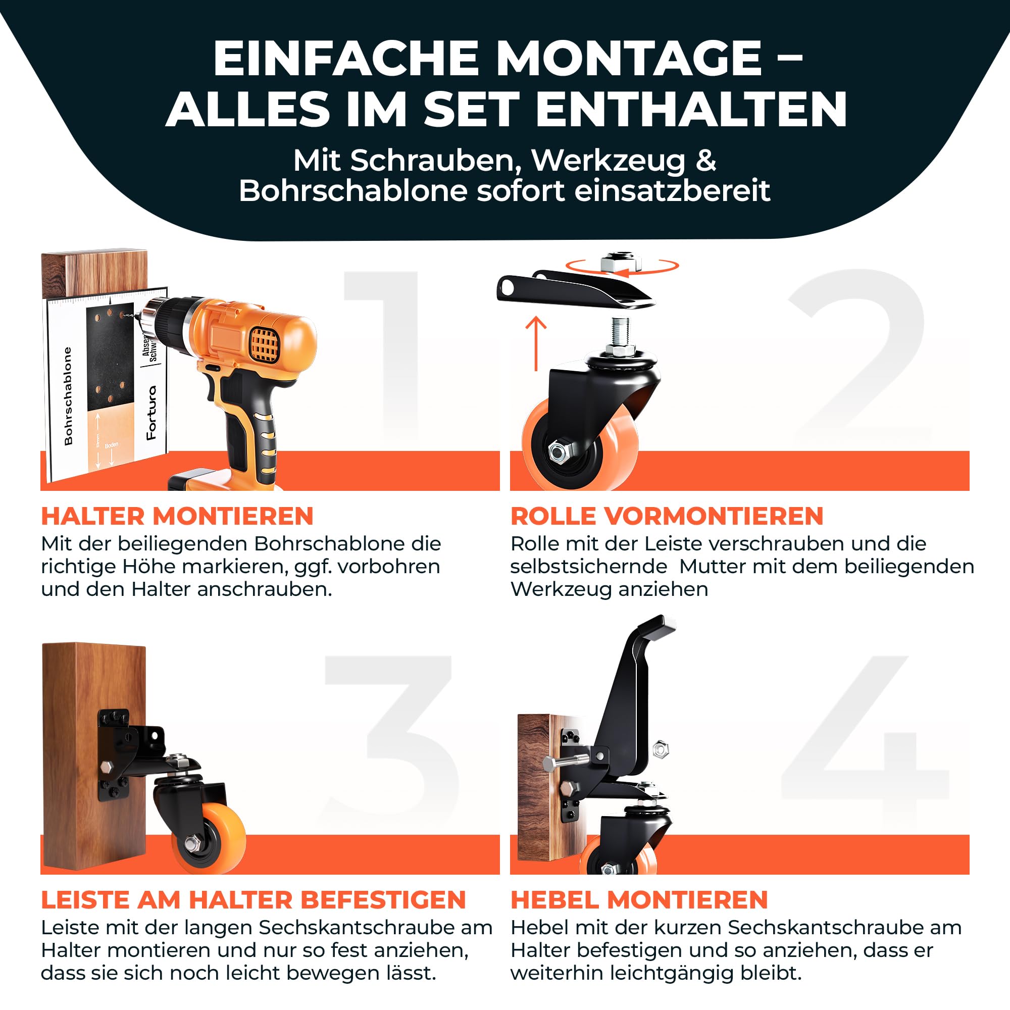 Fortura® schwerlastrollen absenkbar 350kg Tragkraft/Heberollen mit TPR-Rädern leise & bodenschonend, Möbelrollen Schwerlast, fahrbare Werkbank Rollen Set inkl. Zubehör