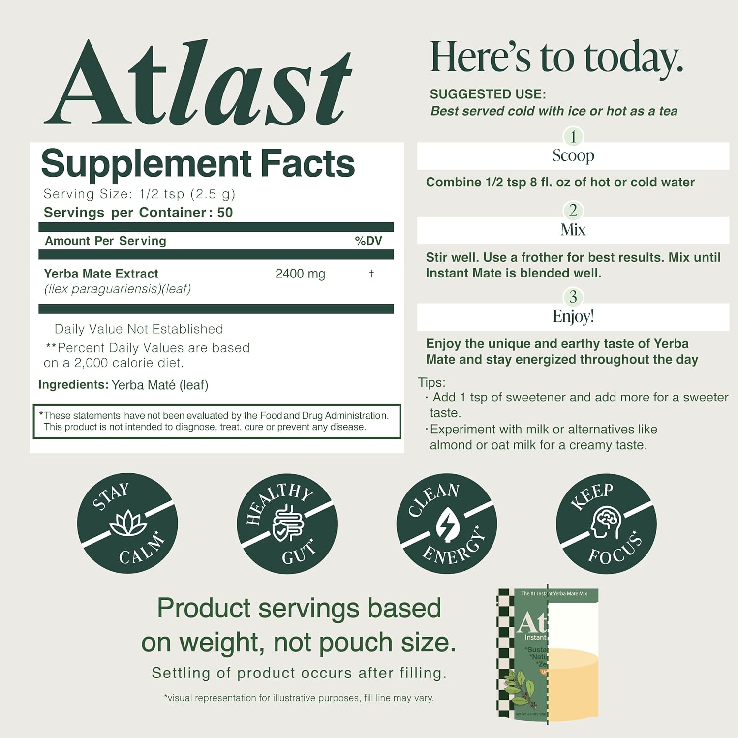 Atlast Instant Yerba Mate Tea Powder Drink Mix - Natural Caffeine Energy for Focus & Daily Ritual - Unflavored - 50 Servings