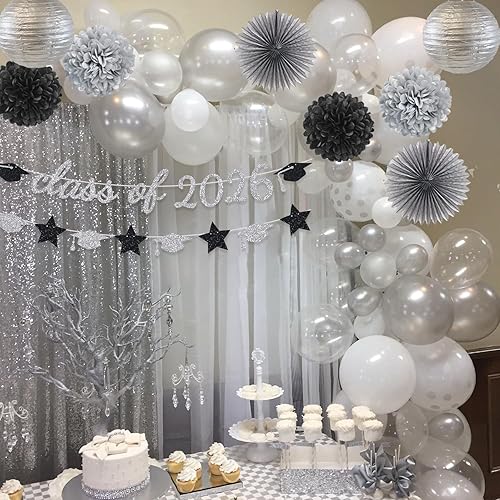 Miniatura 5 de Suministros de fiesta de graduación con purpurina para la clase de pancarta, telón de fondo colgante, flores, pompones, decoración plateada