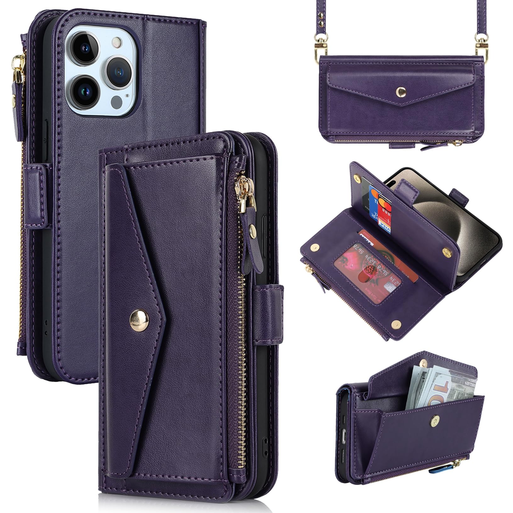 Jaorty Fit for iPhone 15 Pro Max Case Wallet with Crossbody Lanyard for Women & Men,Zipper Purse Coin Pocket Phone Case with Card Holder,iPhone 15 Pro Max PU Leather Case 6.7inch,Purple
