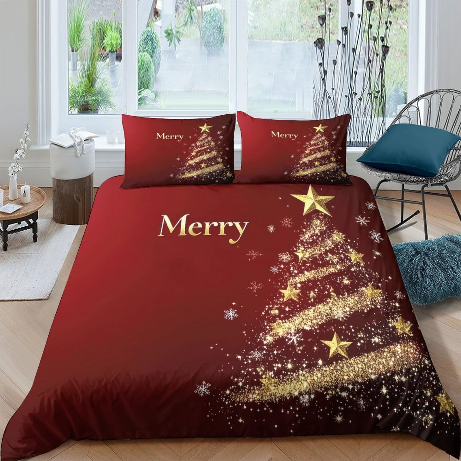 GPLZQXKJNH 3D Printed Christmas Tree Duvet Cover Microfiber Red Gold Star Bedding Set with 2 Pillowcases for Bedroom Home Decor Single（135x200cm）