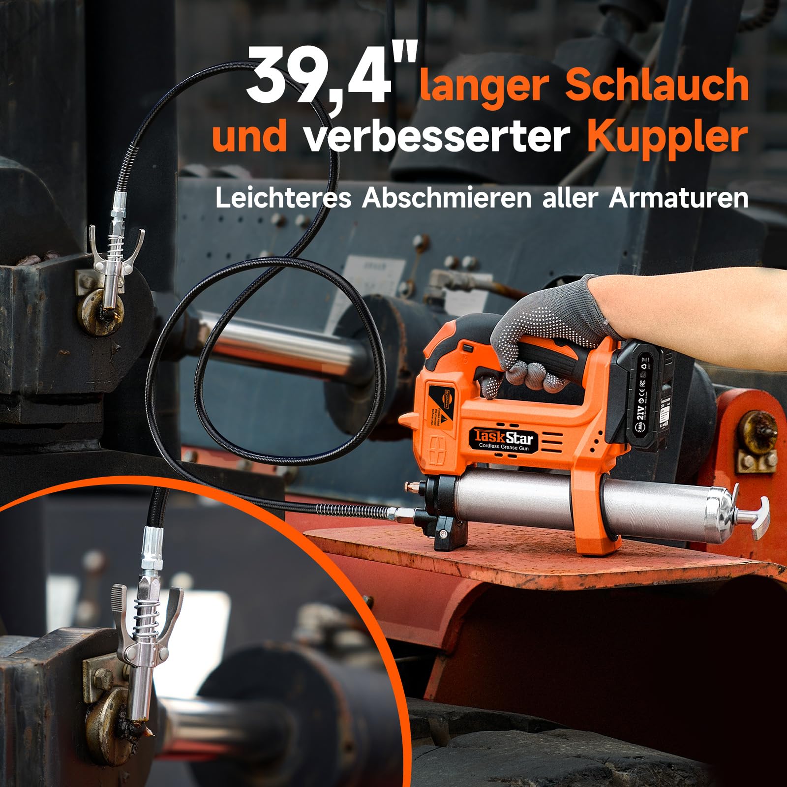 TaskStar Pompe à Graisse électrique: Pompe a Graisse Améliorée avec Contrôle Automatique du Volume de Graisse, 2 Batteries, 3 Coupleurs - Efficace pour Les Tracteurs, Les Camions et Les Machines