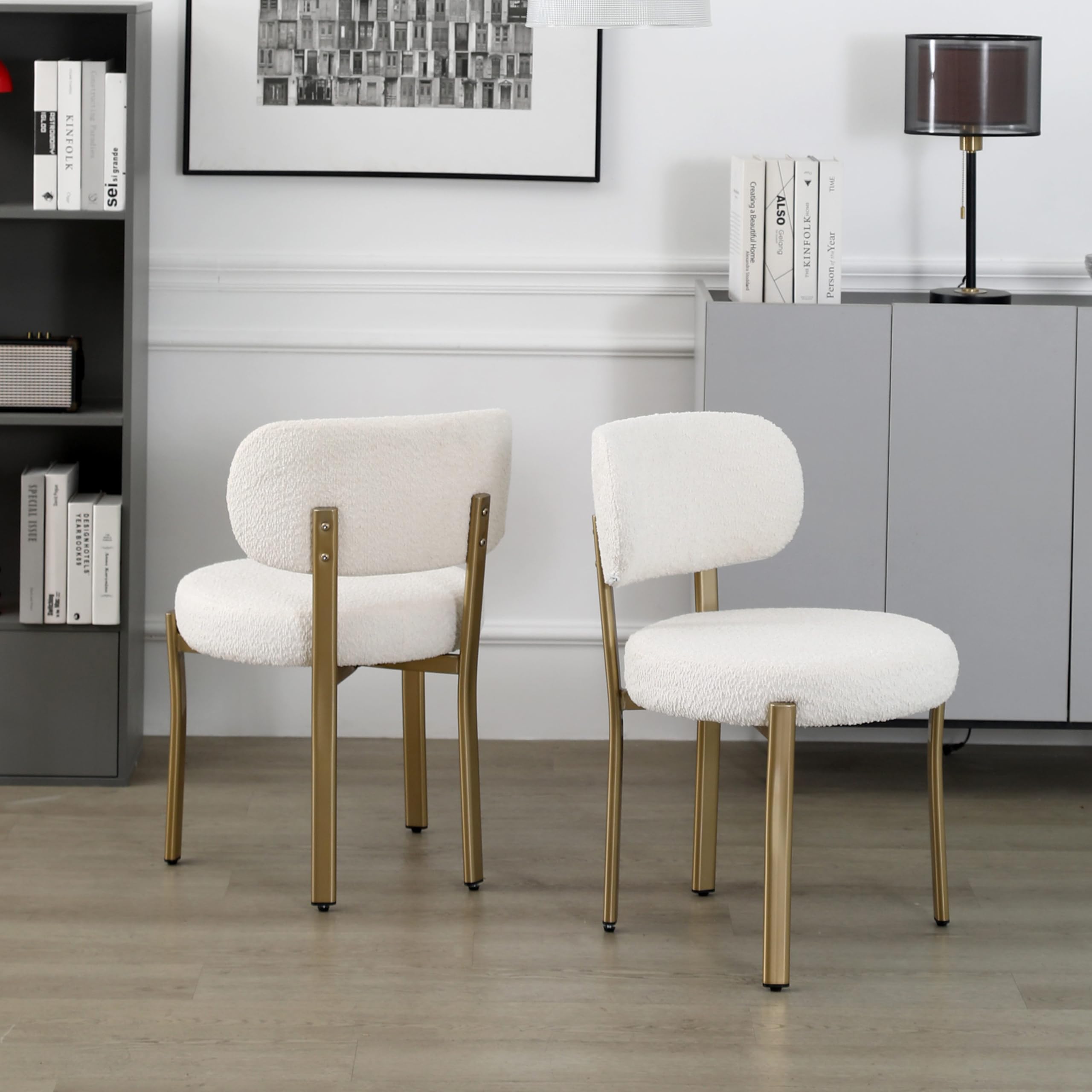 Photo 1 of *New* DYHOME Dining Chairs Set of 2, White Upholstered Boucle Sherpa Dining Chairs, Kitchen Dining Room Chairs Mid Century Modern Kitchen Chairs with Gold Metal Legs Set of 2 White-gold Leg