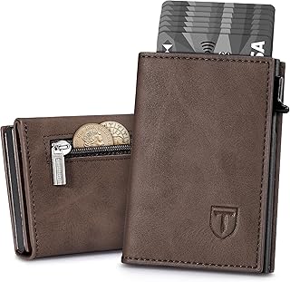 Geldbörse Herren, Slim Wallet RFID Schutz Leder Magnetisch Portmonee Herren, Wallets for Men Kartenetui Klein, 8 Fächer für Kreditkarten Münzfach, Ausweisfenster – Braun (Minimalistisch)