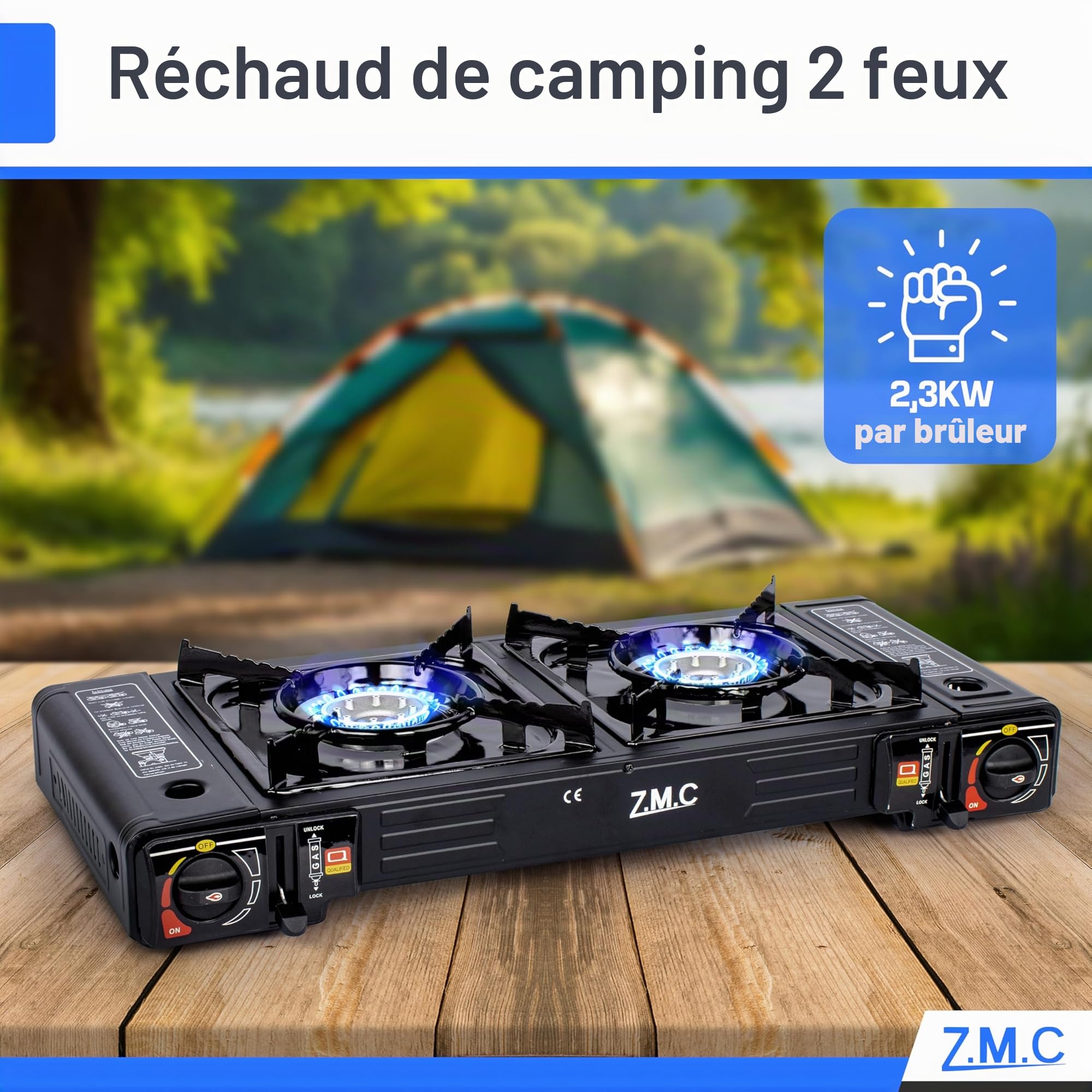 Z.M.C ZMC Réchaud à gaz de camping 2 feux 45x24 cm avec allumage piézoélectrique + adaptateur GPL + 8 cartouches 227 g