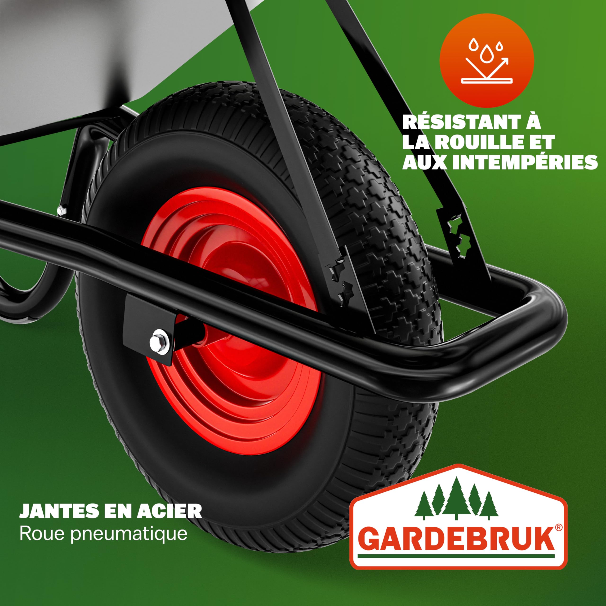 GARDEBRUK® Brouette Galvanisée 100 L pour Jardin avec Cuve Zinguée Acier Stable Roue Pneumatique Tout Terrain Type Chariot Jardinage Charge Max 250 Kg