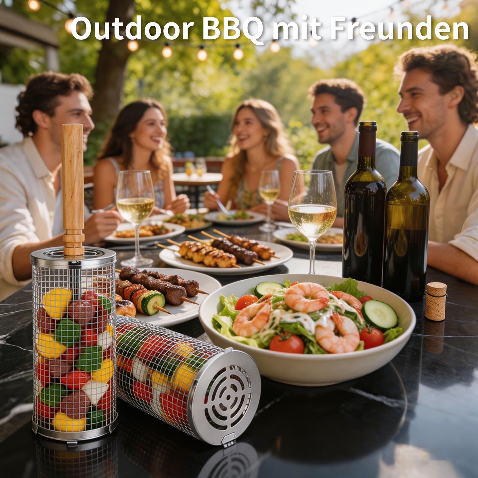 Panier à Barbecue Roulant Gigogne, Poignée Amovible, Acier Inoxydable 304, Grand + Petit, Accessoires pour Légumes, Ustensiles de Cuisine Extérieur Camping, Cadeau Anniversaire Homme Papa