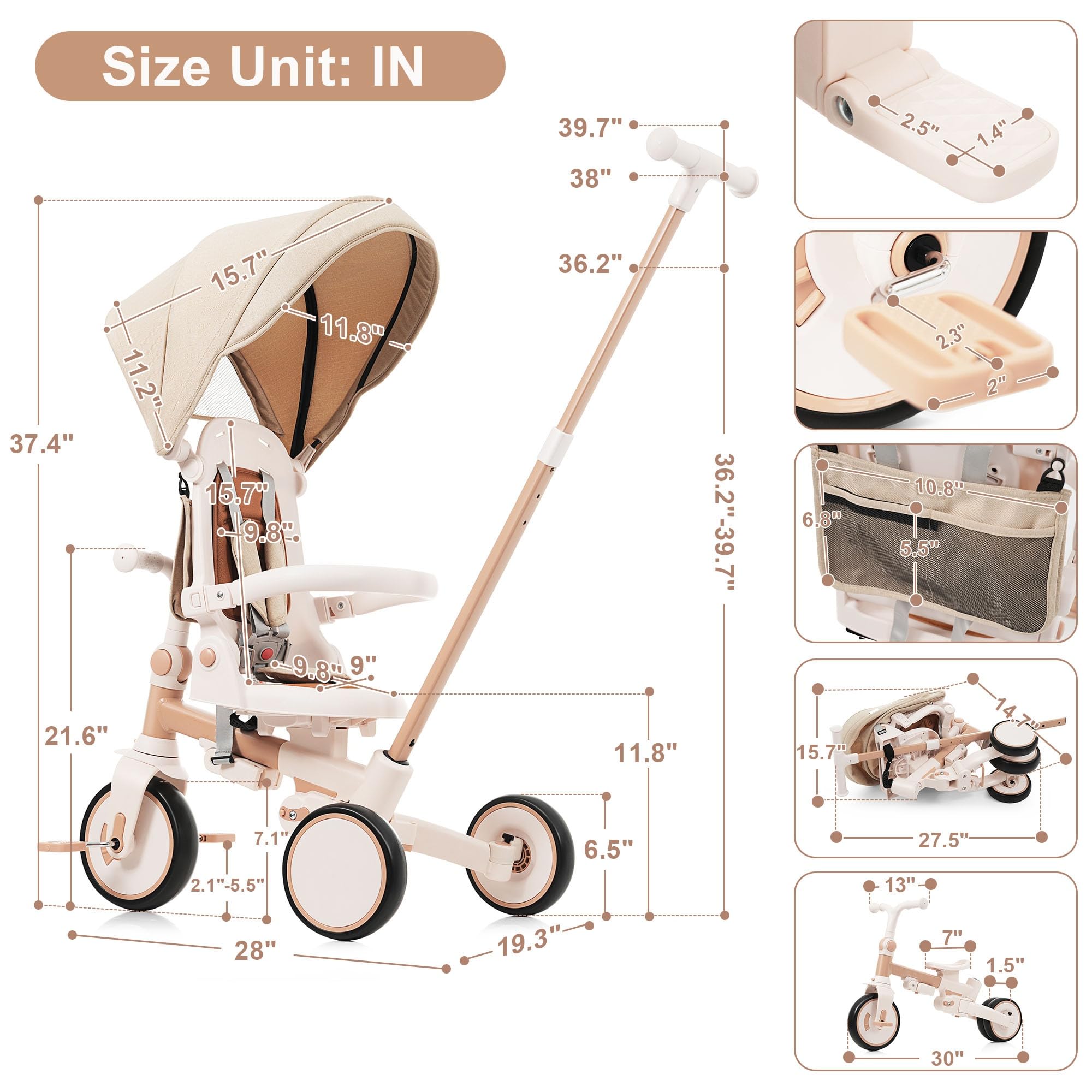 7-in-1 Foldable Baby Tricycle for 1-6 Year Olds, Adjustable Parent Handle Toddler Push Bike with Removable Pedals, Canopy & Guardrail – Light Brown, 12-72 Months