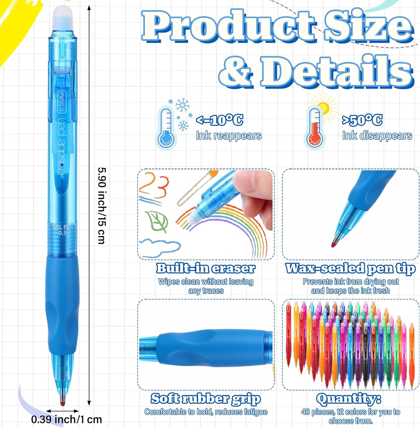 48 Pcs Retractable Erasable Gel Pens Clicker Bulk, Fine Point 0.5mm, Assorted Color Inks, Make Mistakes Disappear for Drawing Writing Planner and Crossword(12 Colors)