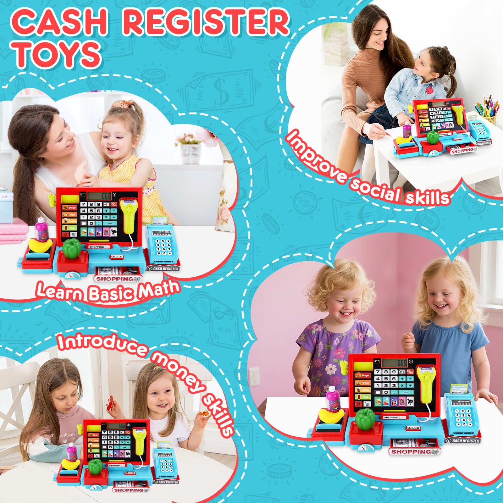 Jouet Caisse Enregistreuse pour Enfants,Caisse Enregistreuse Jouet,Caisse Enregistreuse Enfants,Accessoires avec Scanner Son et Lumière,Jouets Alimentaires,Jeu de Rôle pour Enfant de 3+Ans