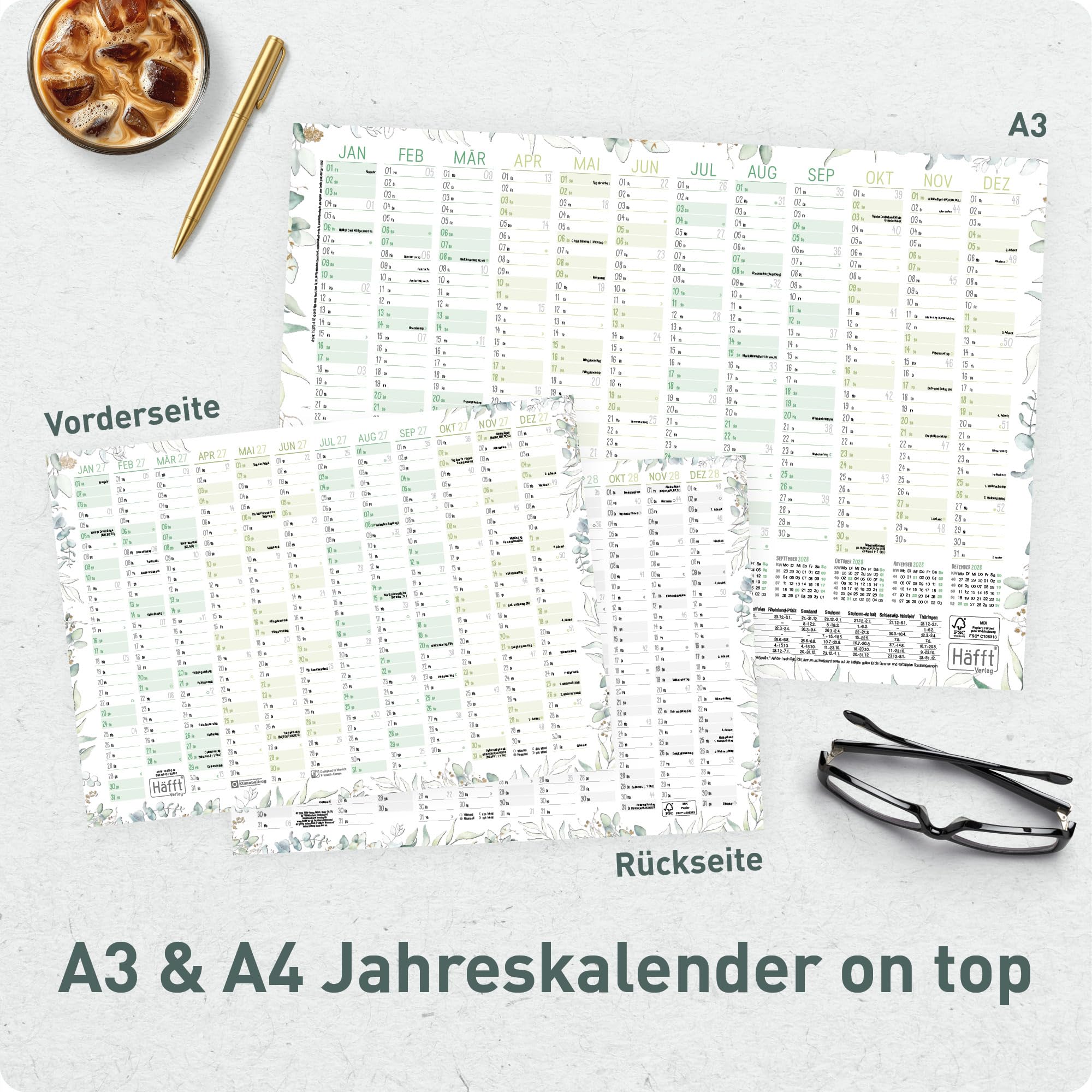 Häfft® Wandkalender 2027 A2 quer (59,4 x 42 cm) Wandplaner mit Ferien & Feiertagen für DE, Jahresplaner gefalzt für 14 Monate - inkl. gratis A3 + A4 Kalender "Blattgold"
