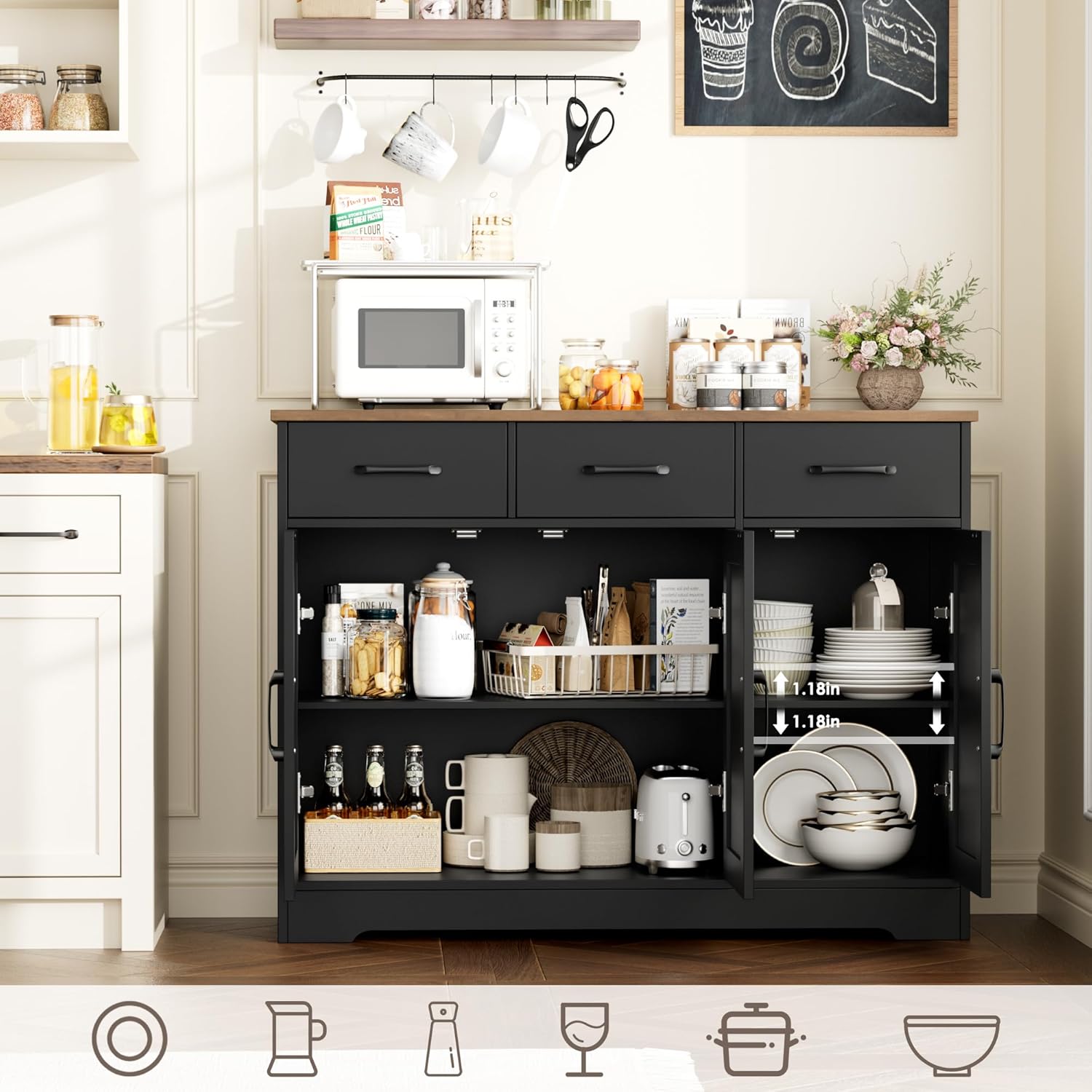HOSTACK Modern Farmhouse Buffet Sideboard Cabinet, Barn Doors Storage Cabinet with Drawers and Shelves, Wood Coffee Bar with Storage for Dining Room, Kitchen, Living Room, Black/Rustic Brown
