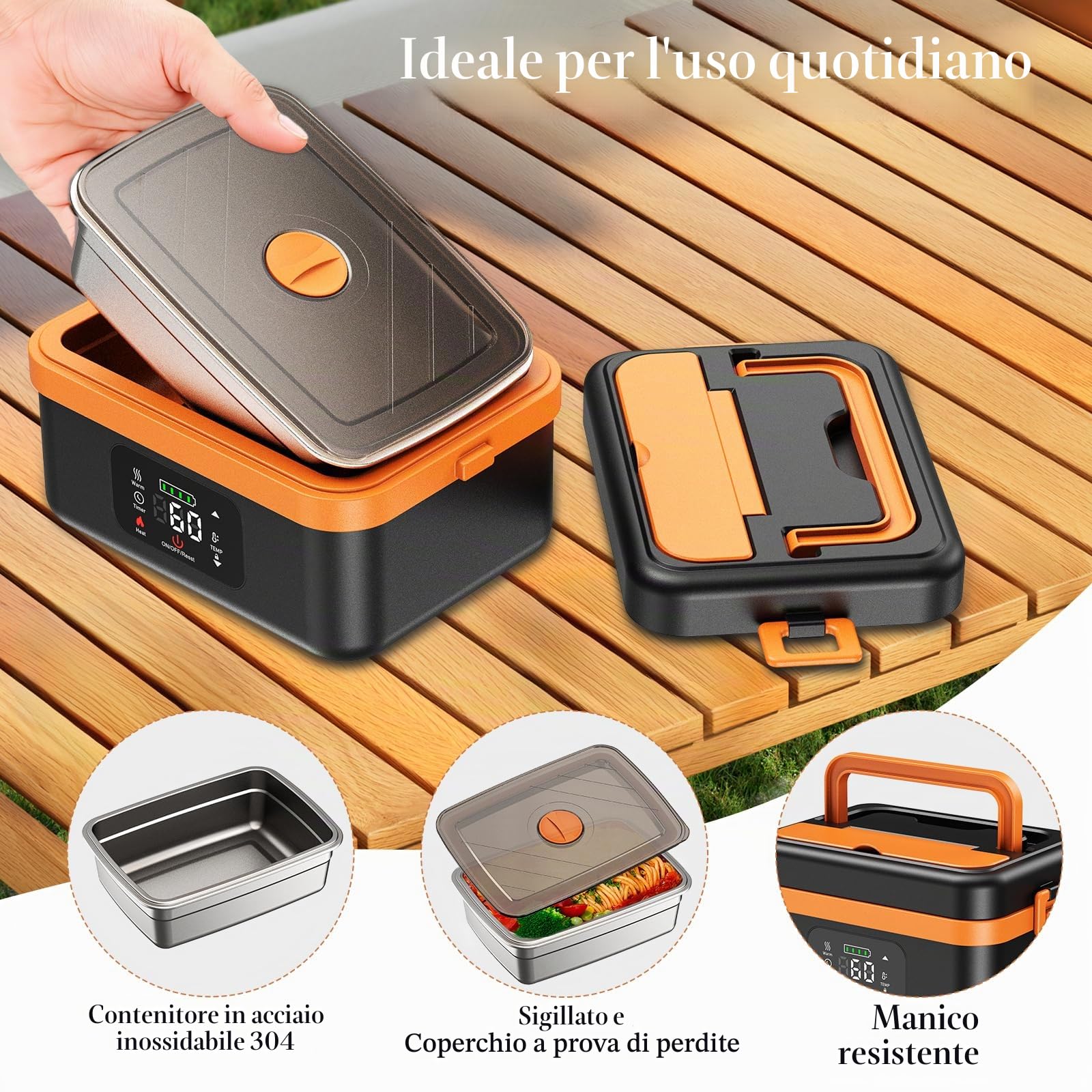 Scaldavivande a Batteria Ricaricabile, 1L Scalda Vivande a Batteria Ricaricabile, 16000 mAh , Scaldavivande Portatile con Stoviglie e Sacchetto Isolato per Ufficio, Picnic, Auto e uso All'aperto