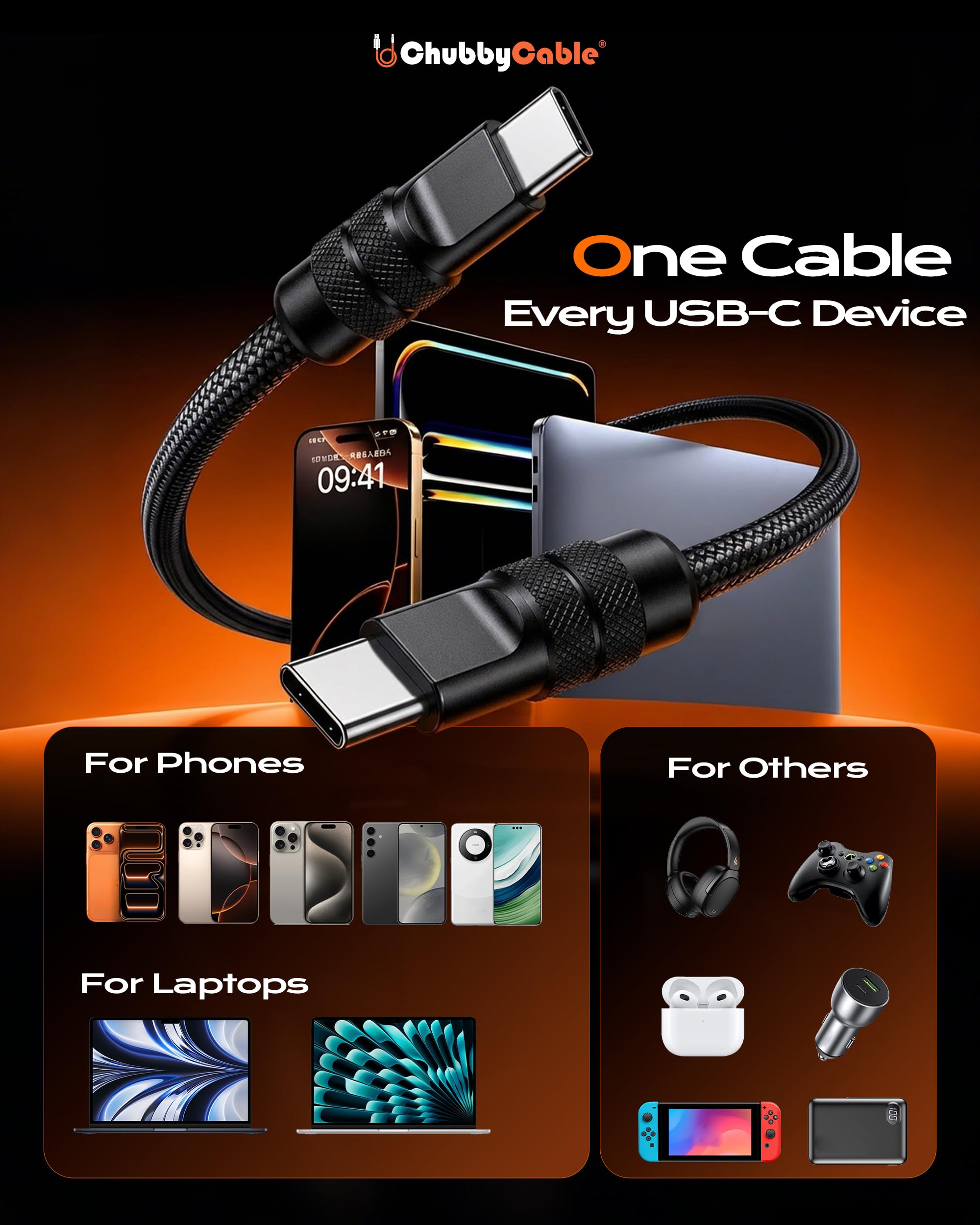 chubbycable Lite - Cavo da USB C a USB C, 240 W, super veloce, tipo C, 3 m, in nylon intrecciato, cavo di ricarica e trasferimento dati durevole per iPhone serie 17-15/MacBook Pro/Air/iPad, nero