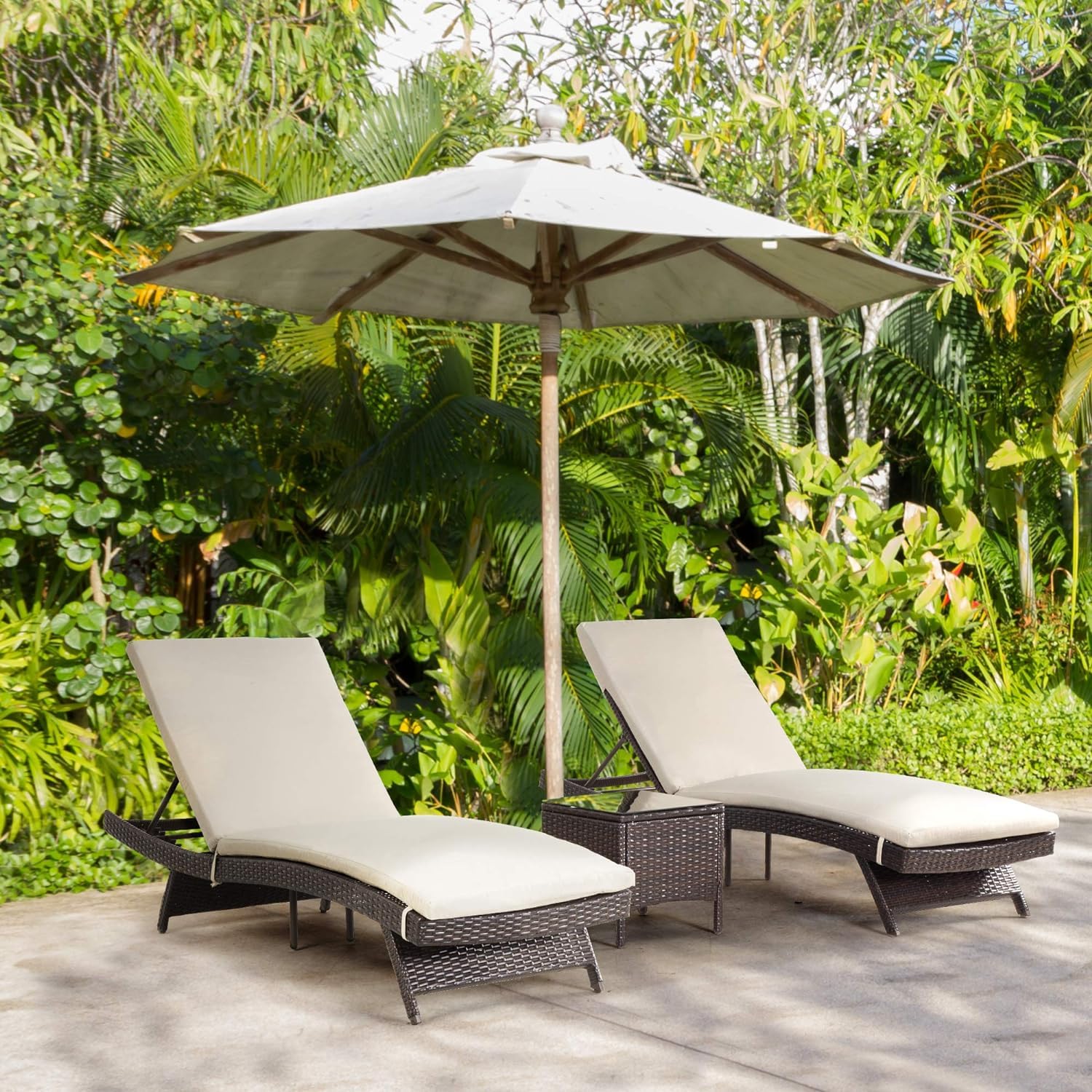 LIDDSTE Outdoor Poolside Lounger with Adjustable Backrest Sun Chaise Recliner for Terrace Garden Poolside for Relaxation Durable and Stylish- (Brown & Beige) 2 Lounger+Side Table