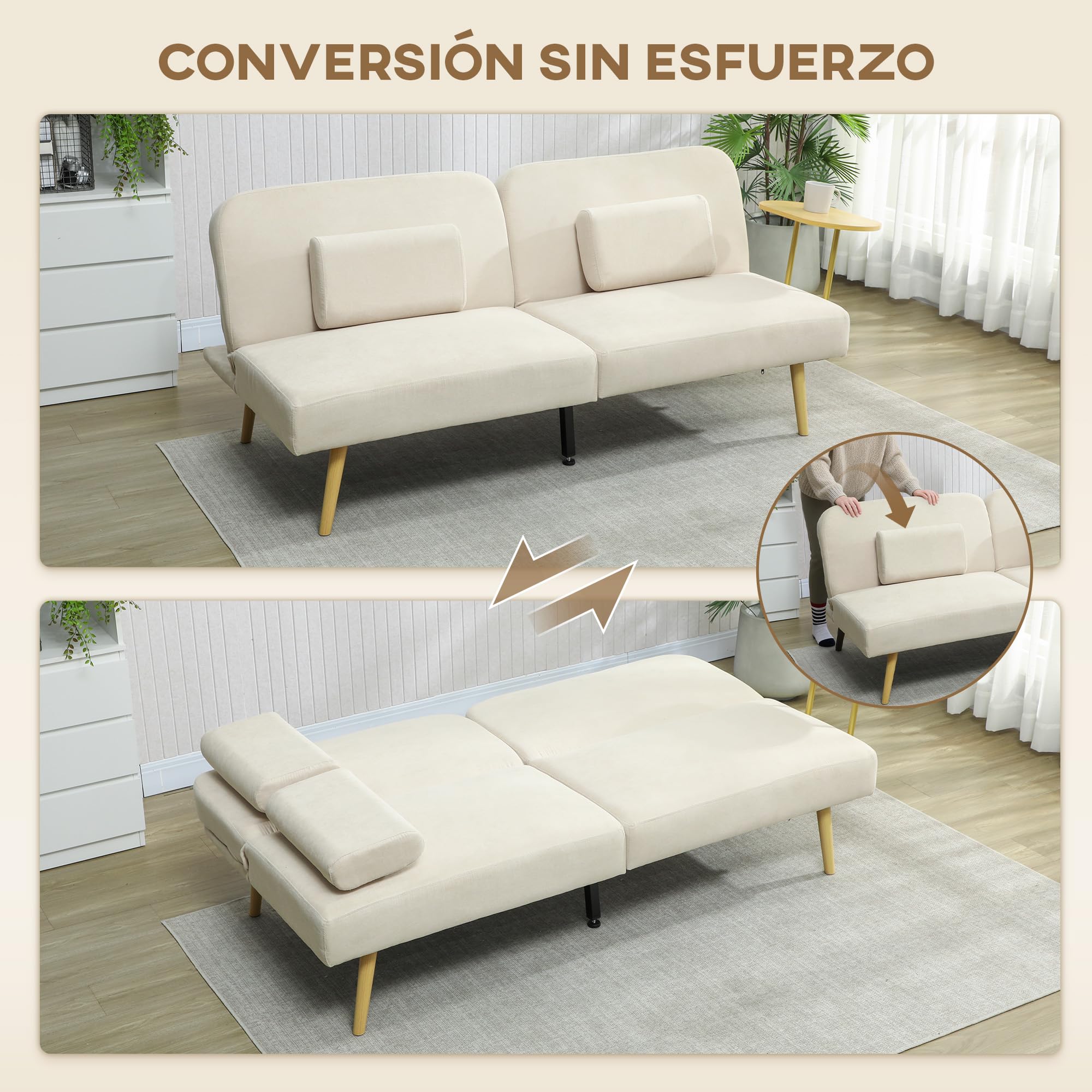 HOMCOM Sofá Cama de 3 Plazas con Mesa Auxiliar, 3 en 1, Sofá Cama Convertible con Respaldo Ajustable, Apertura Clik-Clak, 2 Almohadas para Reposabrazos y Patas de Metal, 196x86x81 cm, Beige
