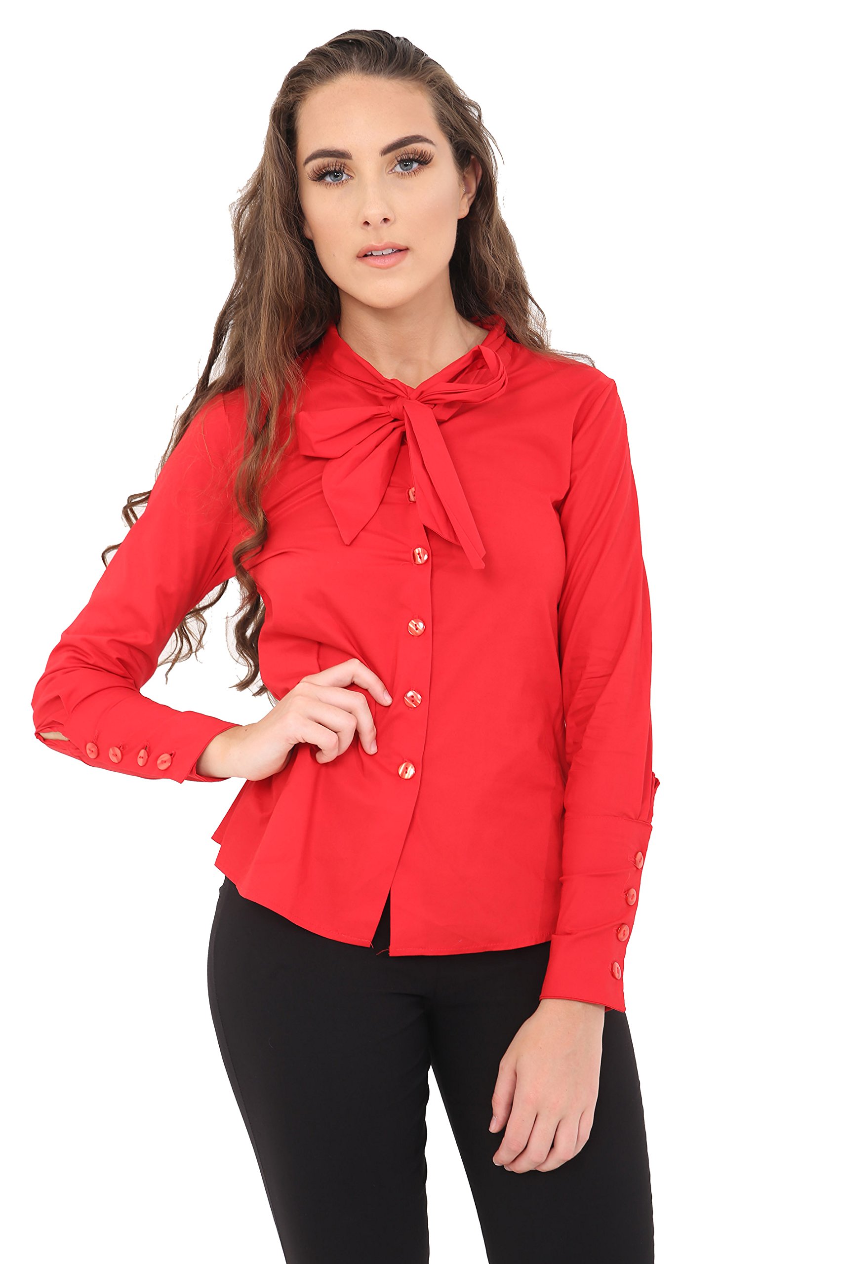 Womens Ladies Poplin Long Sleeve Blouse Plain Work Wear Tie Shirt Top(Red, 14)