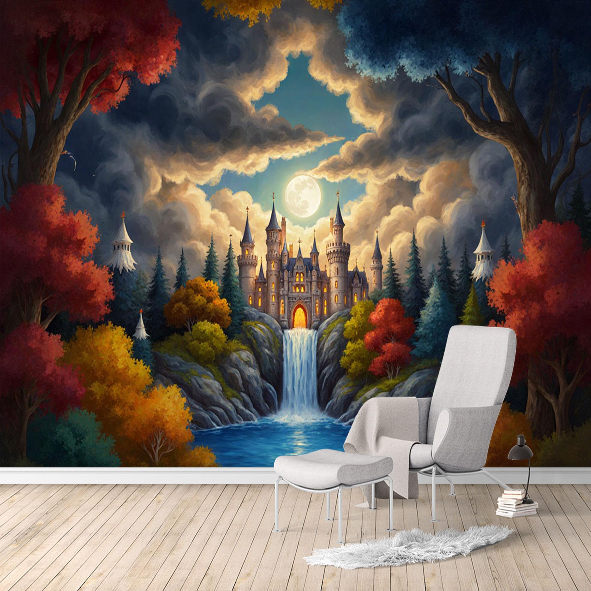 Custom Size Wall Murals, Enchanted Castle Waterfall Fantasy Landscape, SelfAdhesive Water Activated Removable Wall Covering, Large Photo Wallpaper for Living Room Bedroom Office