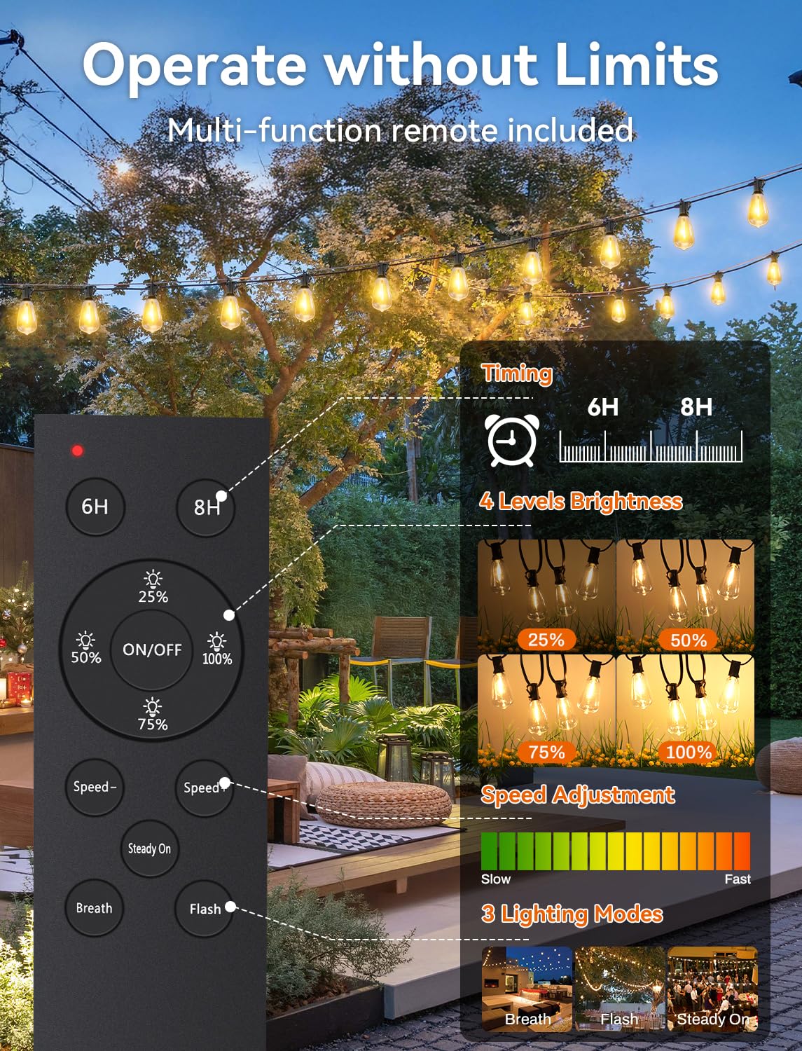 Brightever Solar-Lichterkette für den Außenbereich, wasserdicht, mit Fernbedienung, 55 + 2 bruchsichere ST38-LED-Leuchtmittel, dimmbar & 3 Beleuchtungsmodi, warmweiß, Solar-Terrassenleuchten für