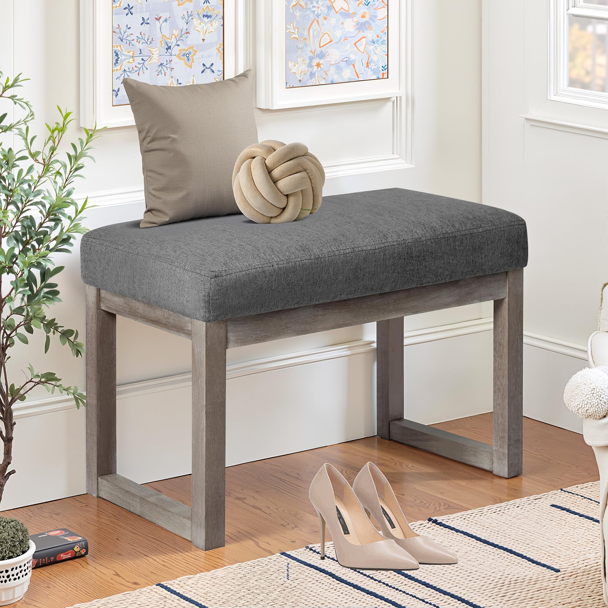 Rectangle Ottoman Bench, 27 Inch Entryway Bench with Solid Wood Legs, Multi-Functional Linen Fabric Upholstered Footstool for Living Room, Bedroom,