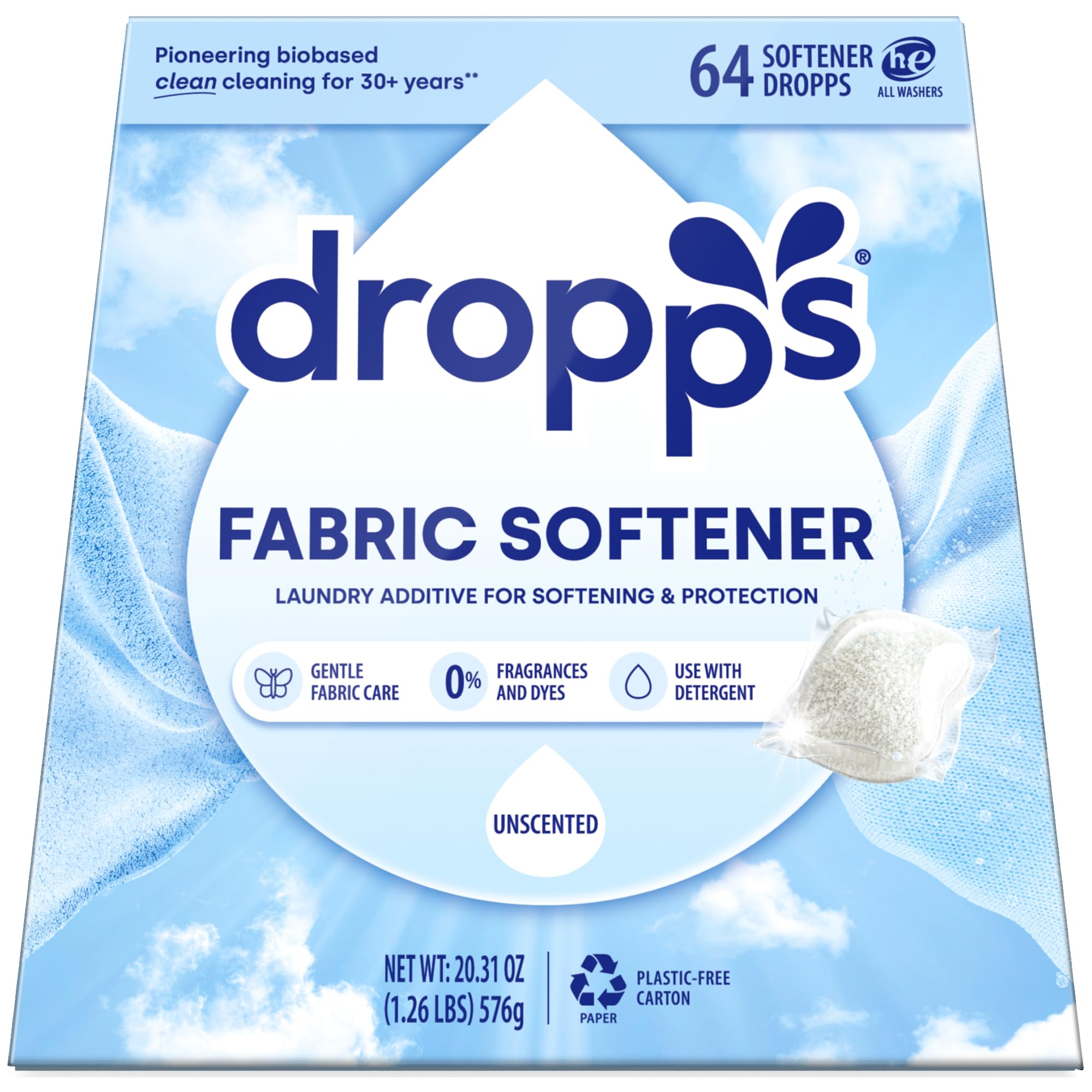 Dropps Laundry Fabric Softener Pods, Unscented (64 Count) - Fabric Softener Liquid Pods for Fluffy, Soft Fabrics - HE Compatible Mineral Based Ingredients Laundry Supplies