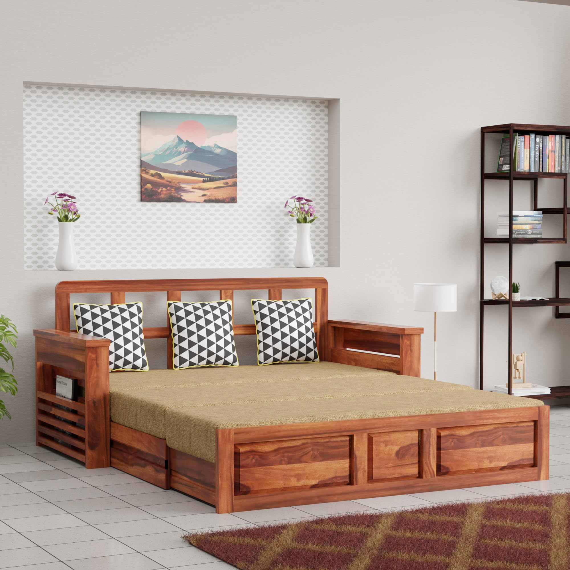 Krishna Wood Decor Solid Sheesham Wood Convertible 3 Seater Sofa Cum Bed with Headboard and Storge Armrest, Folding Dubole Bed for Home Living Guest and Office Areas-image-24