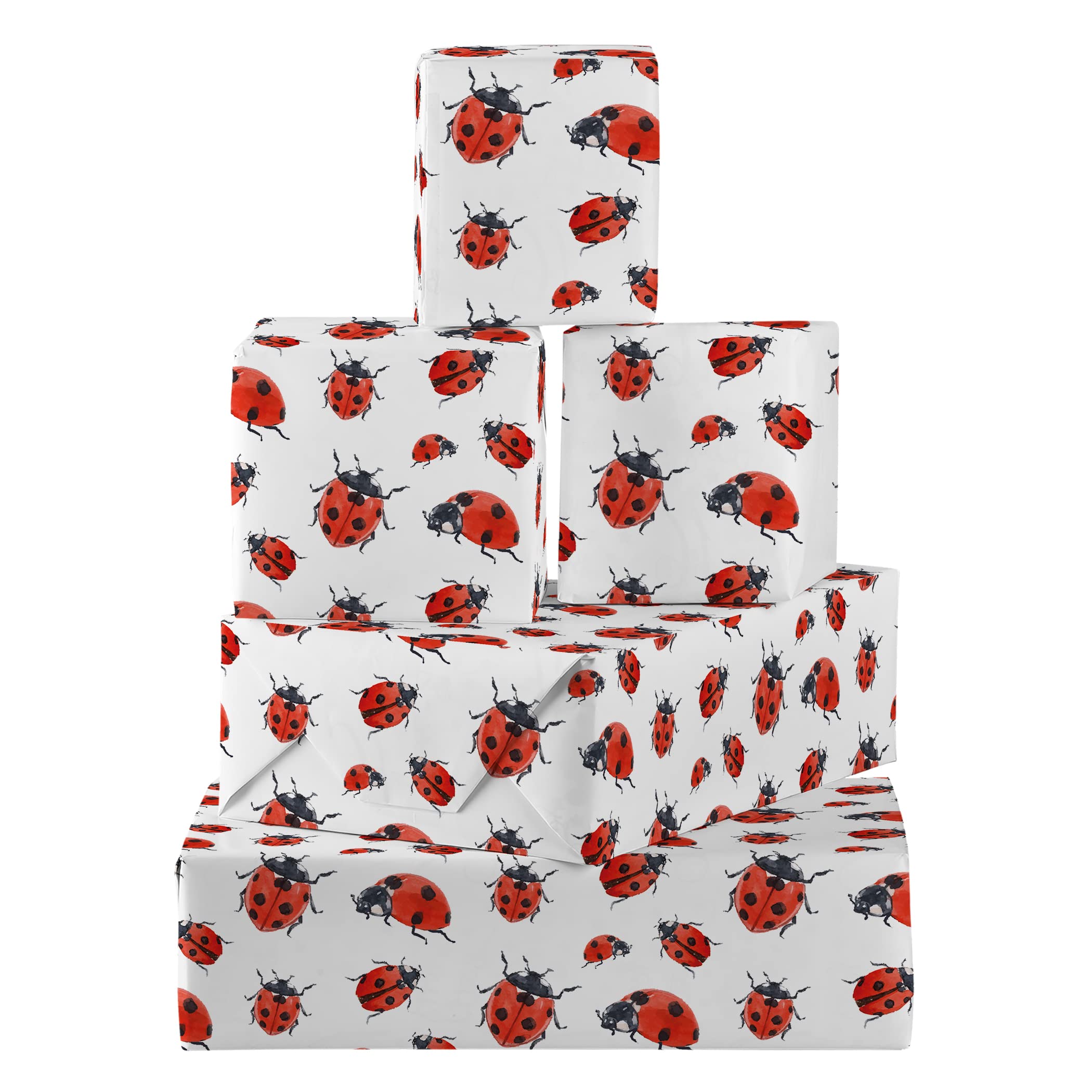 Hunts England - 5 Sheets Of Ladybug Birthday Fun Wrapping Paper For Him Or Her - Includes 5 Gift Tags - Countryside Collection - Gift Wrap For Boys, Girls, Kids, Men, Women, etc.