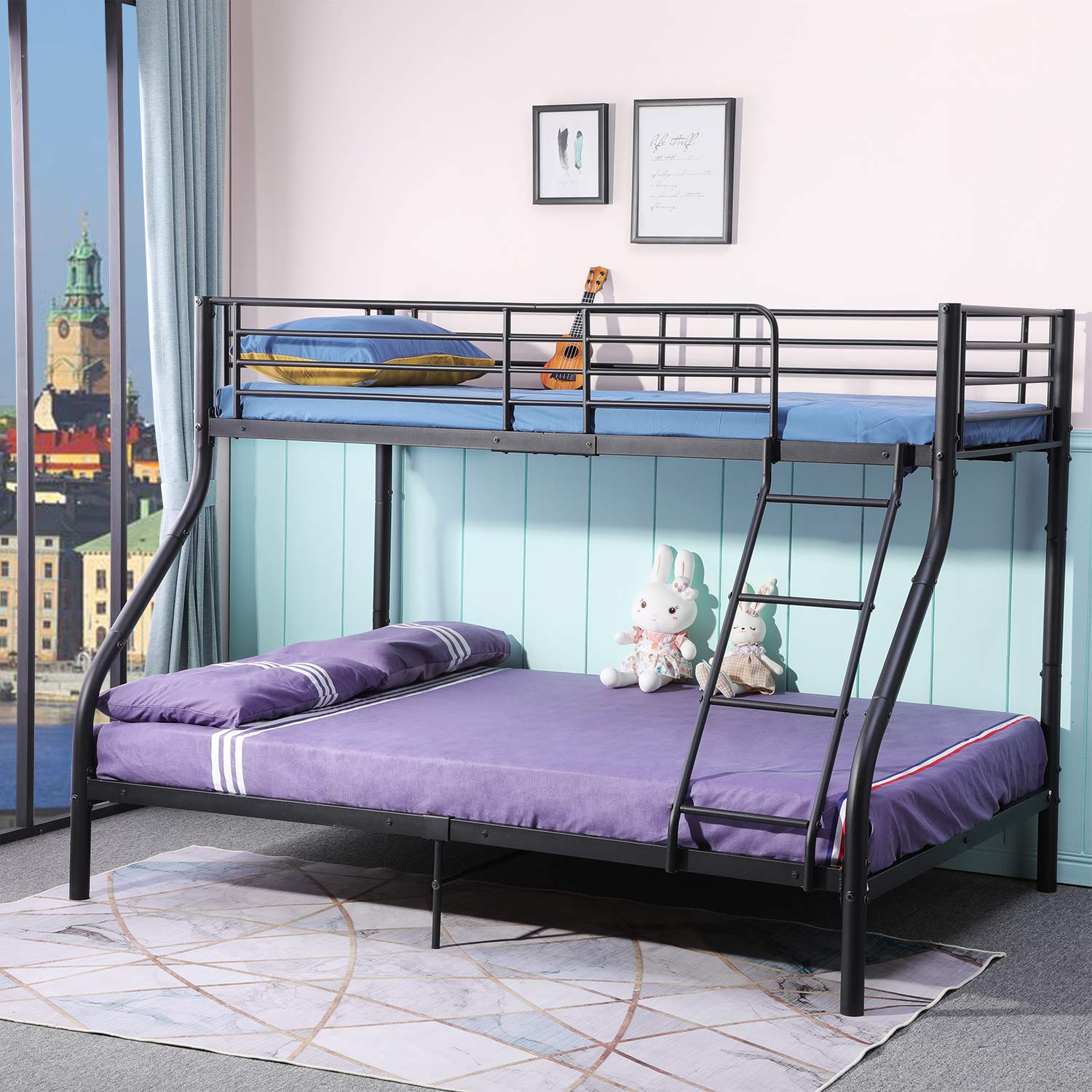Azkoeesy Metalen stapelbed met uittrekbaar bed en 2 trappen, 140 x 200 | 90 x 200 cm, stapelbed met gastenbed, ruimtebesparend, voor kinderen en volwassenen, 3 tot 4 personen, zilver