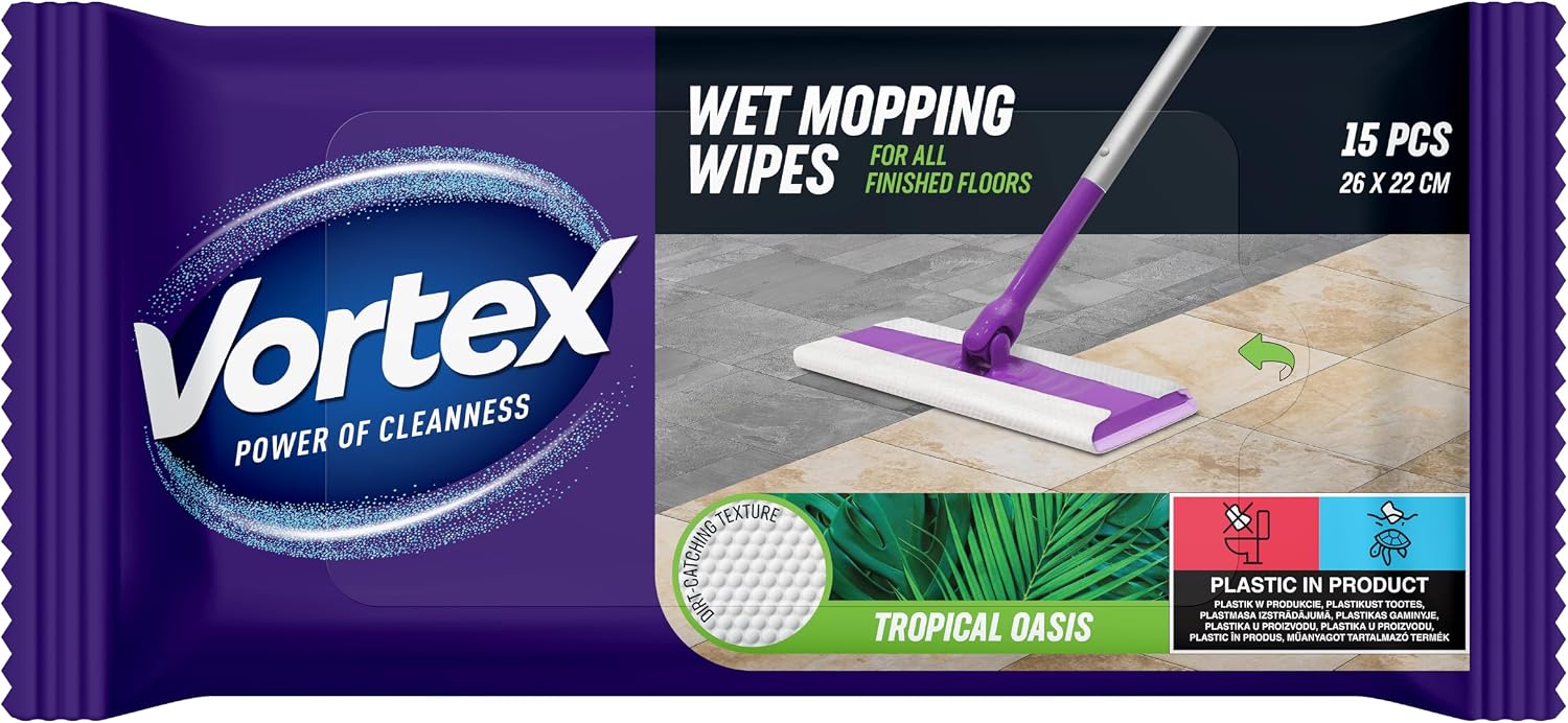 Vortex Moist Floor Cloths / Universal / Disposable / Size 260 mm x 220 mm / Hinged Lid / For Cleaning Various Surfaces / Removes Dirt, Dust and Deposits / Tropical / Pack of 15