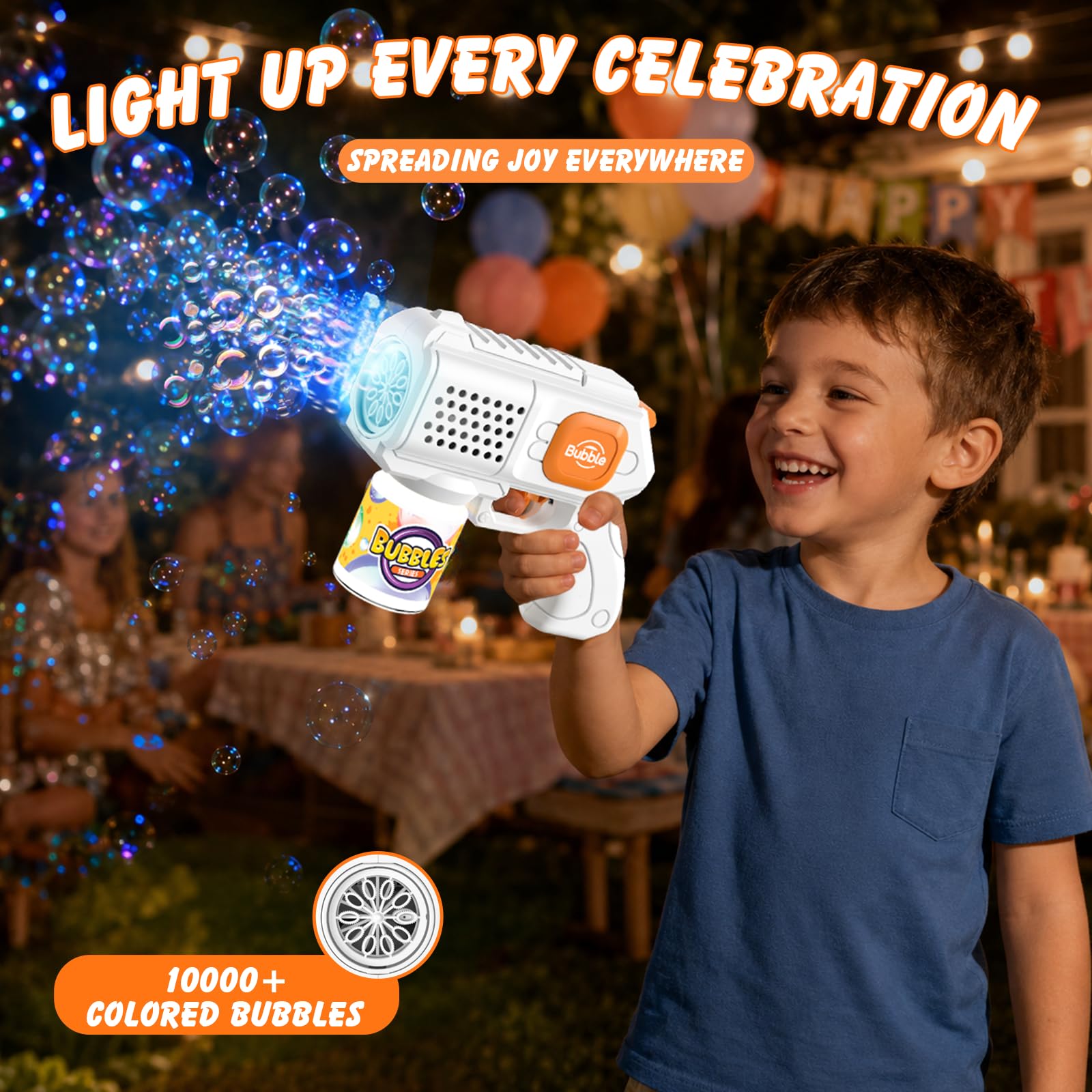Pistola de burbujas para niños, 4 unidades, 10000 burbujas automáticas, con luz/10 agujeros/solución(4 frascos+10 recargas) para fiestas al aire libre regalo, color blanco