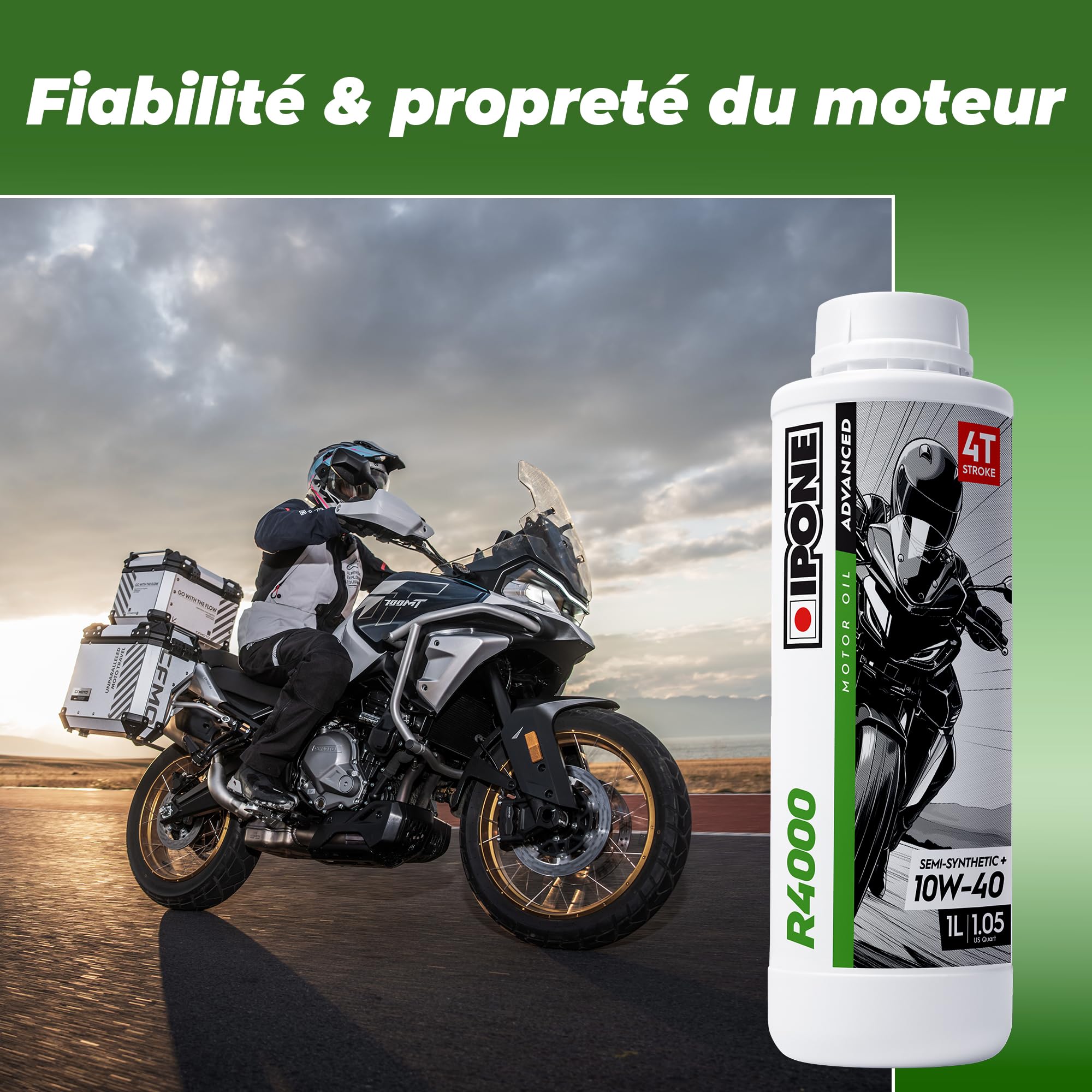 IPONE – Huile Moteur Moto 4 Temps 10W40 R4000 – Bidon 2 Litres - Semi-Synthétique+ - Gamme Advanced - Protection durable du moteur - Durée de vie de l'huile prolongée - Propreté du moteur garantie