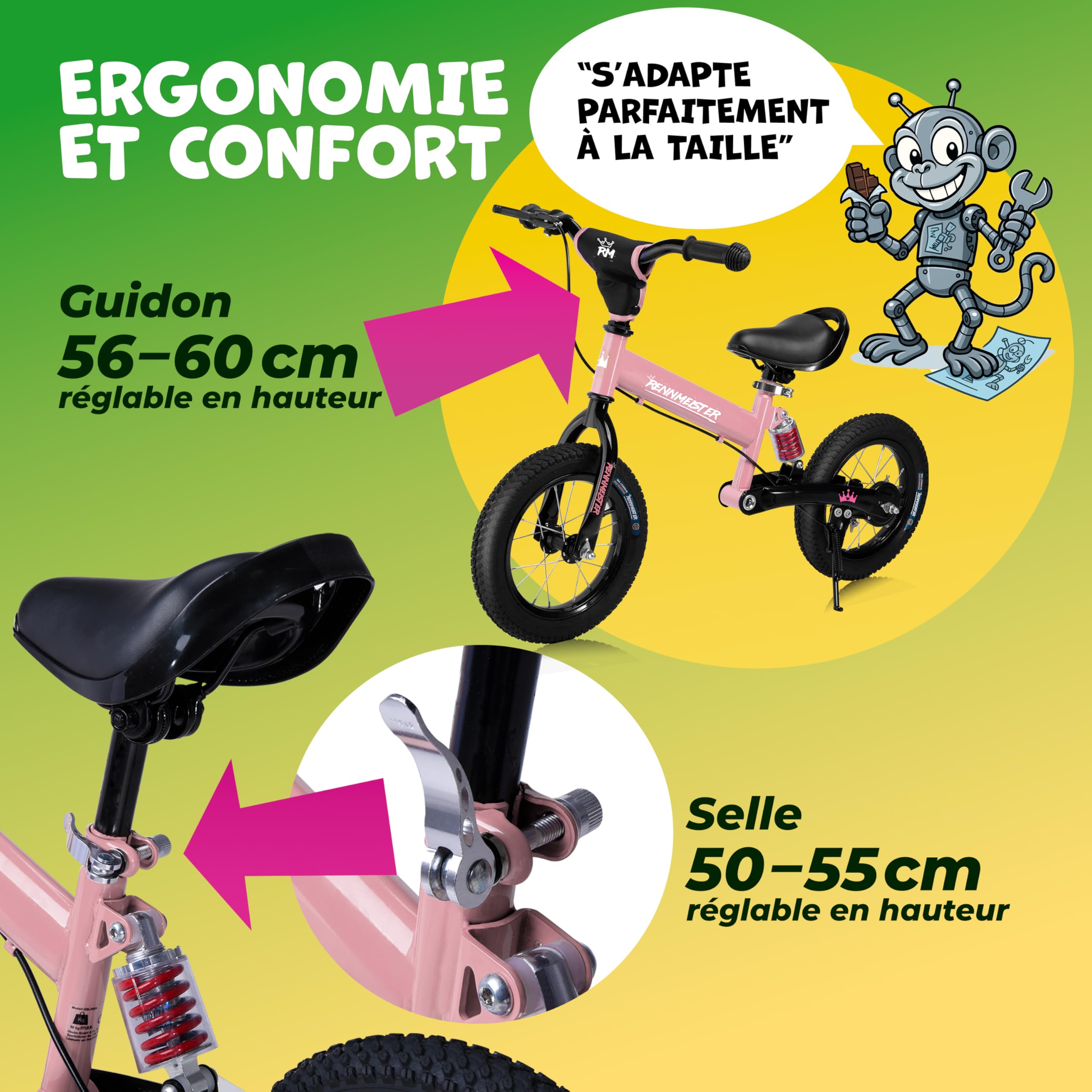 Draisienne pour Enfants Rose - Vélo sans pédale avec Guidon, Selle réglable, Frein - Vélo d'apprentissage avec Suspension, vélo d'équilibre Pneus jusqu'à 50kg