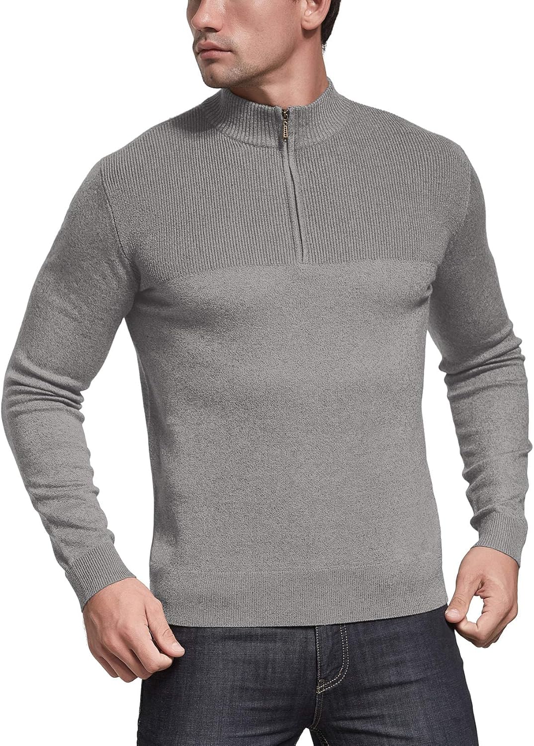 NITAGUT Mens Slim Fit Zip Up Mock Neck Polo Sweater Casual Long Sleeve Sweater and Pullover Sweaters with Ribbing Edge Large Grey