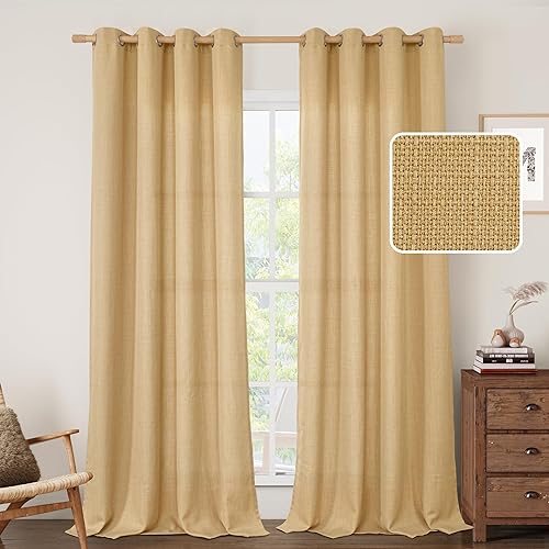 LAMIT Cortinas de lino beige camello para sala de estar, 84 pulgadas, cortinas texturizadas de lino sintético con ojales, paneles de arpillera