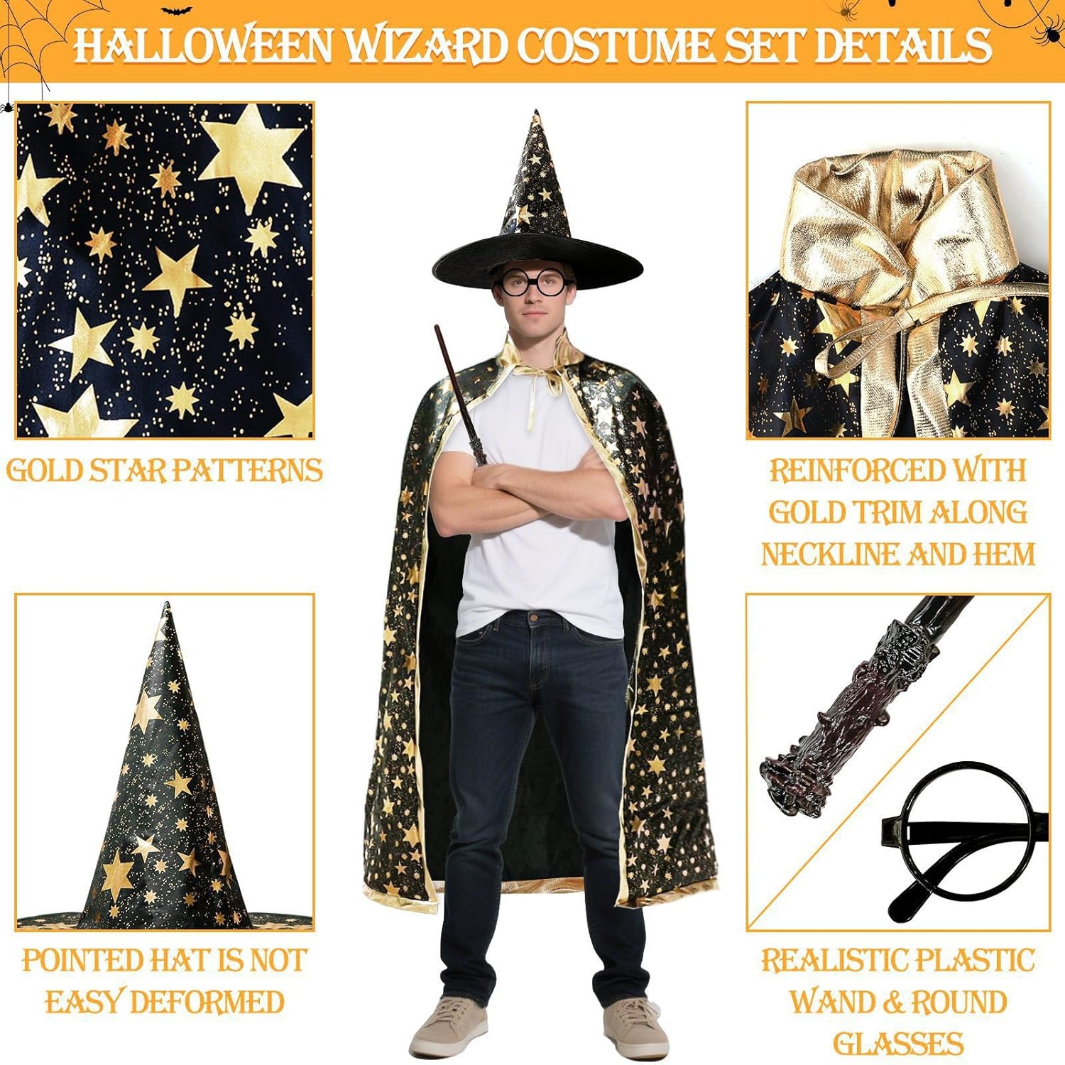 iGeeKid 4 Pack Halloween Wizard Costume Set for Adults, Include Witch Cloak, Wizard Hat, Wand and Round Glasses for Men Women - Image 3