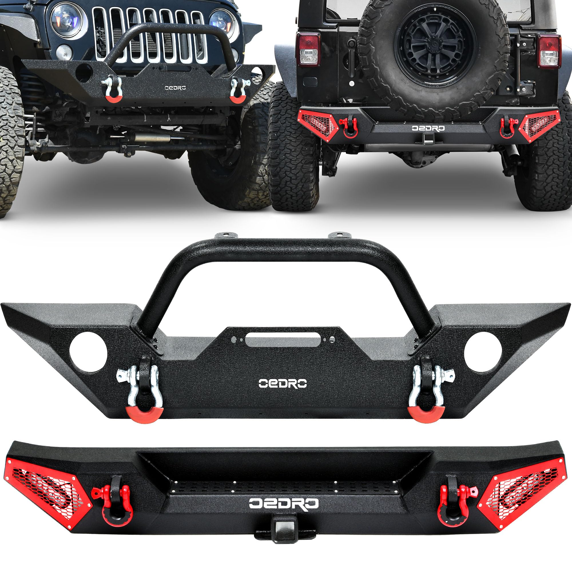 OEDRO Front and Rear Bumper Compatible with 2007–2018 Jeep Wrangler JK JKU Unlimited, Rock Crawler Bumper with LED Lights, 2'' Hitch Receiver, Paintable Armor, Black