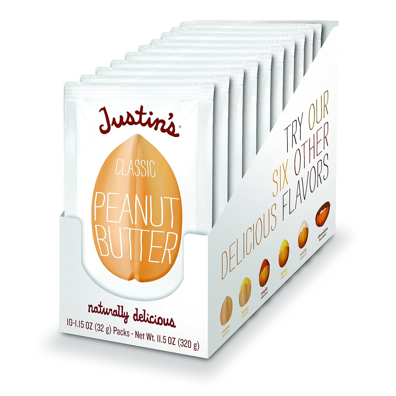 Justin's Classic Peanut Butter Squeeze Packs, Only Two Ingredients, Gluten-Free, Non-GMO, Responsibly Sourced, 1.15 Ounce (10 Pack)