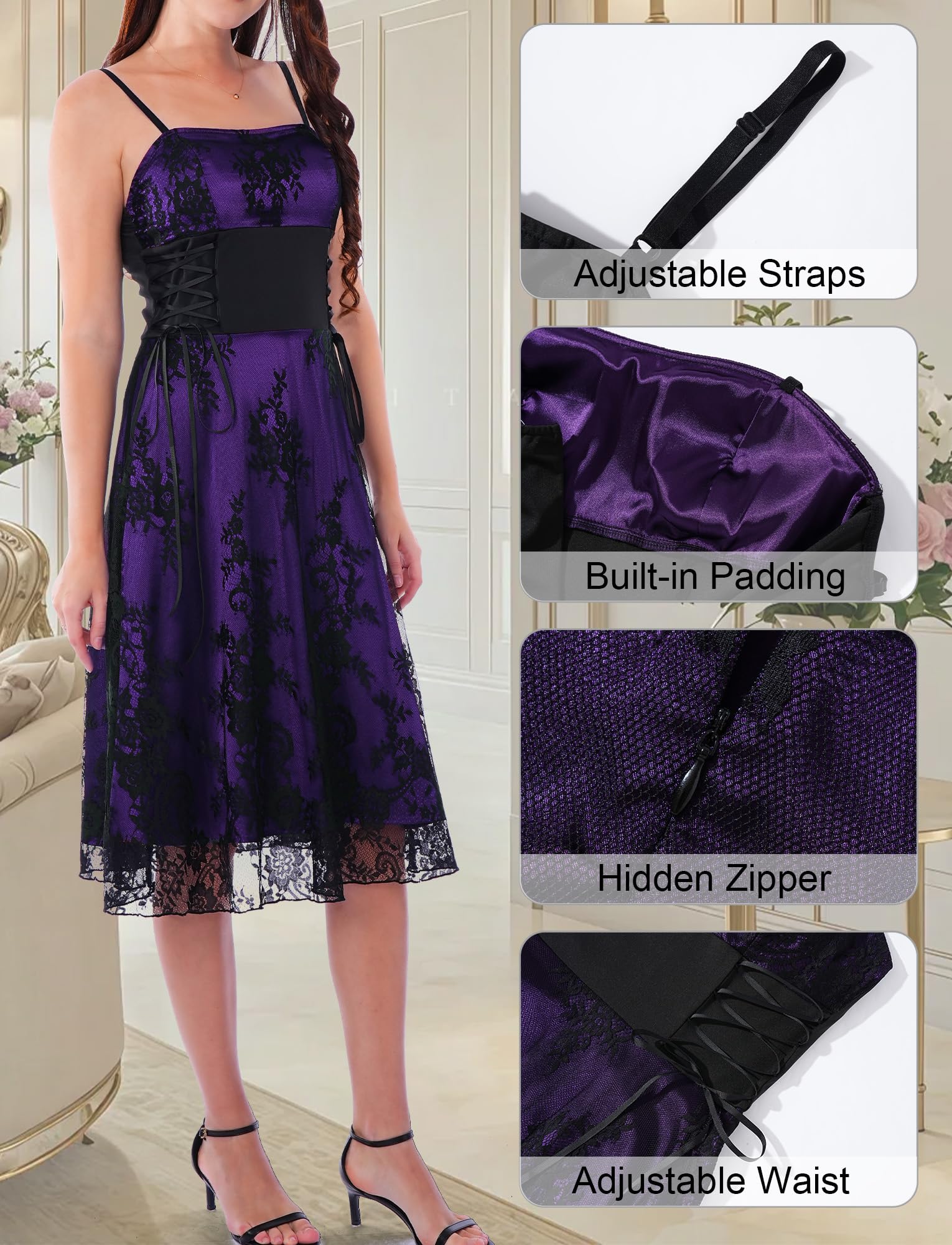 Womens Western Lace Costume Goth Vampire Dresses Victorian Vintage Outfits Mesh Flowy Spaghetti Strap Gowns Medieval Bride Wedding Dress Purple M - Image 4