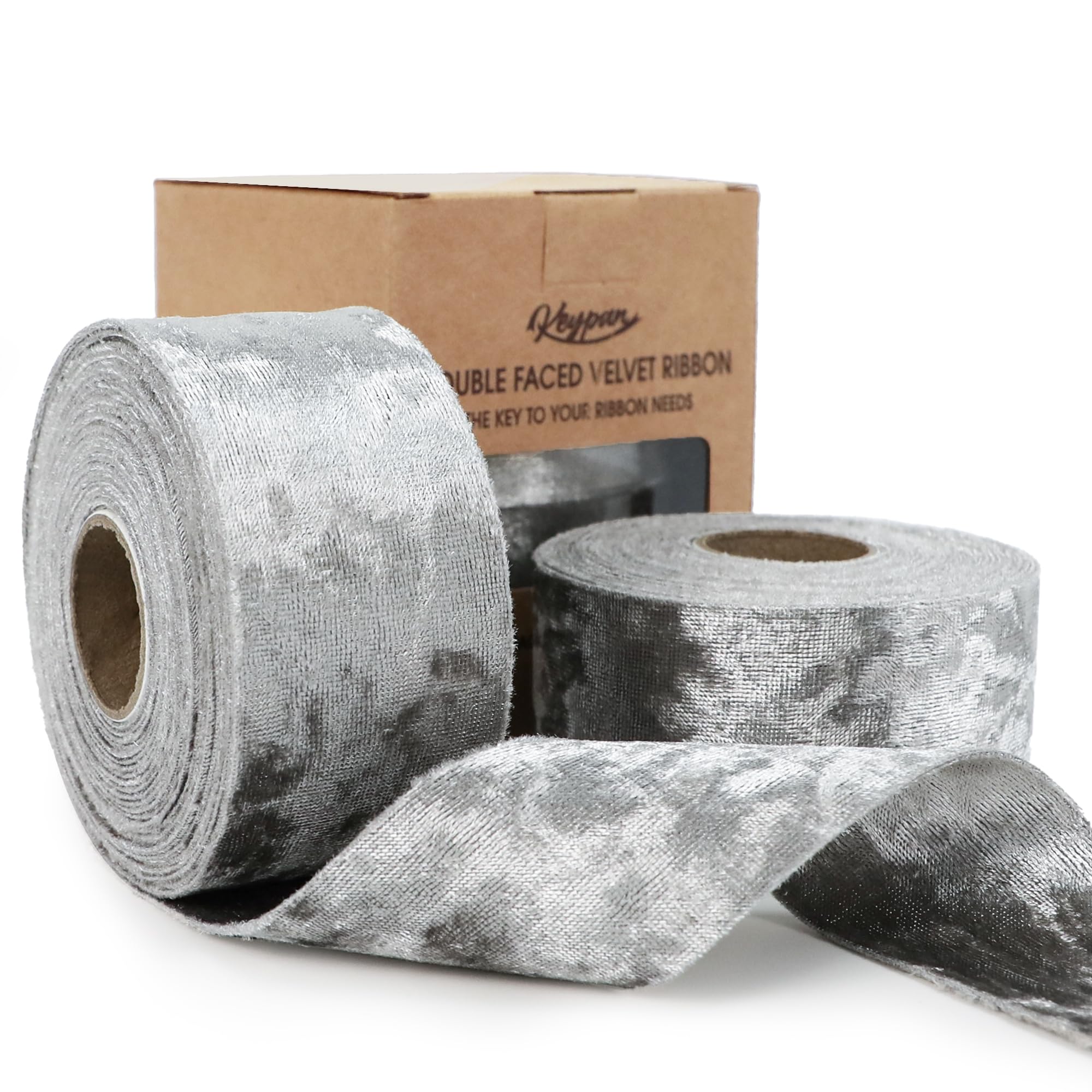 Keypan Velvet Silver Ribbon 1-1/2 inch Wide Double-Sided Glossy Fabric Ribbons for Christmas Tree Decor Gift Wrapping Flower Bouquet DIY Crafts 10Yd