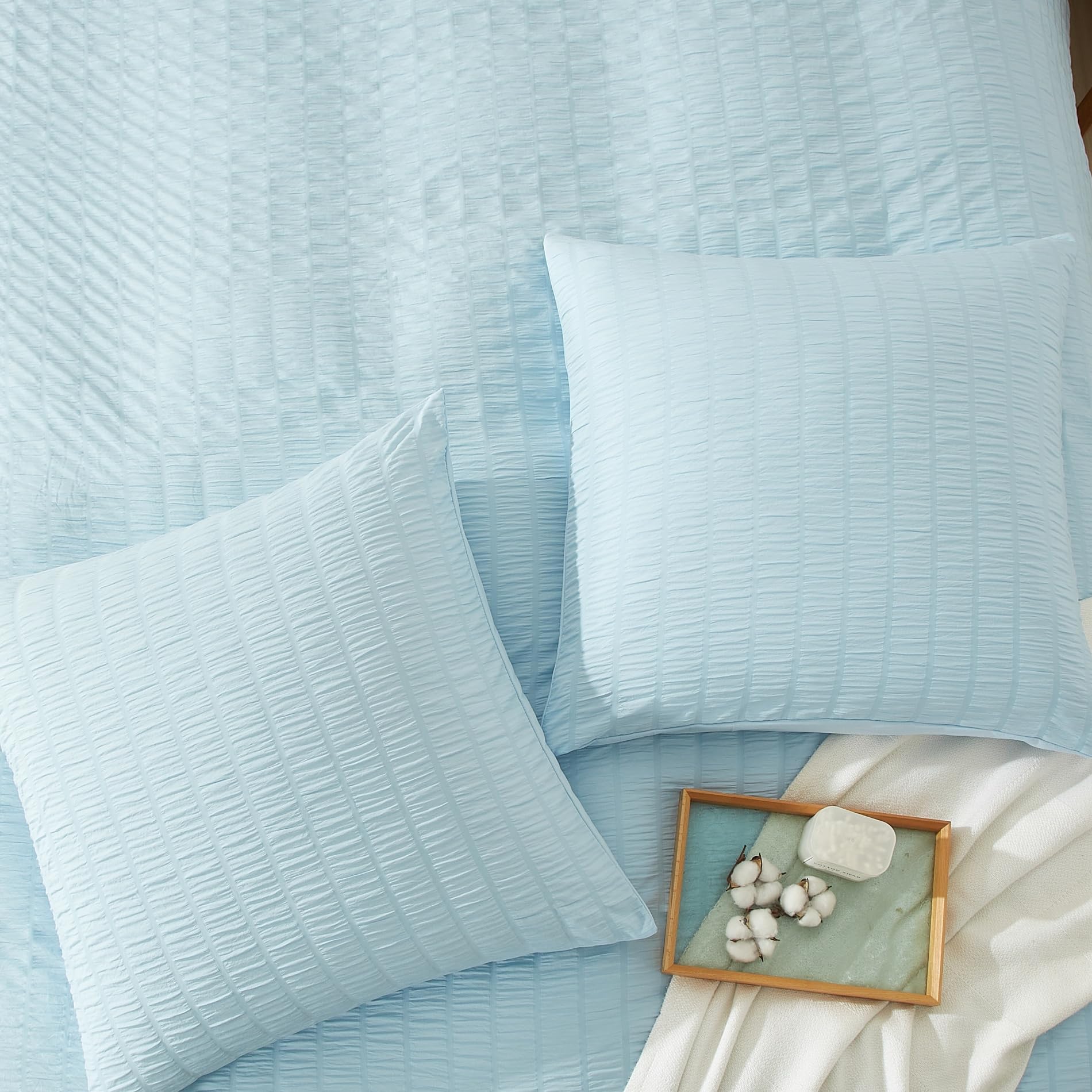Seersucker Bettwäsche 135x200 4teilig Blau Gestreift Bettwäsche Seersucker Modern Bettwäsche Sommer Weich Atmungsaktiv Mikrofaser Bettbezug Set mit Reißverschluss und 2 Kissenbezüge 80x80 cm