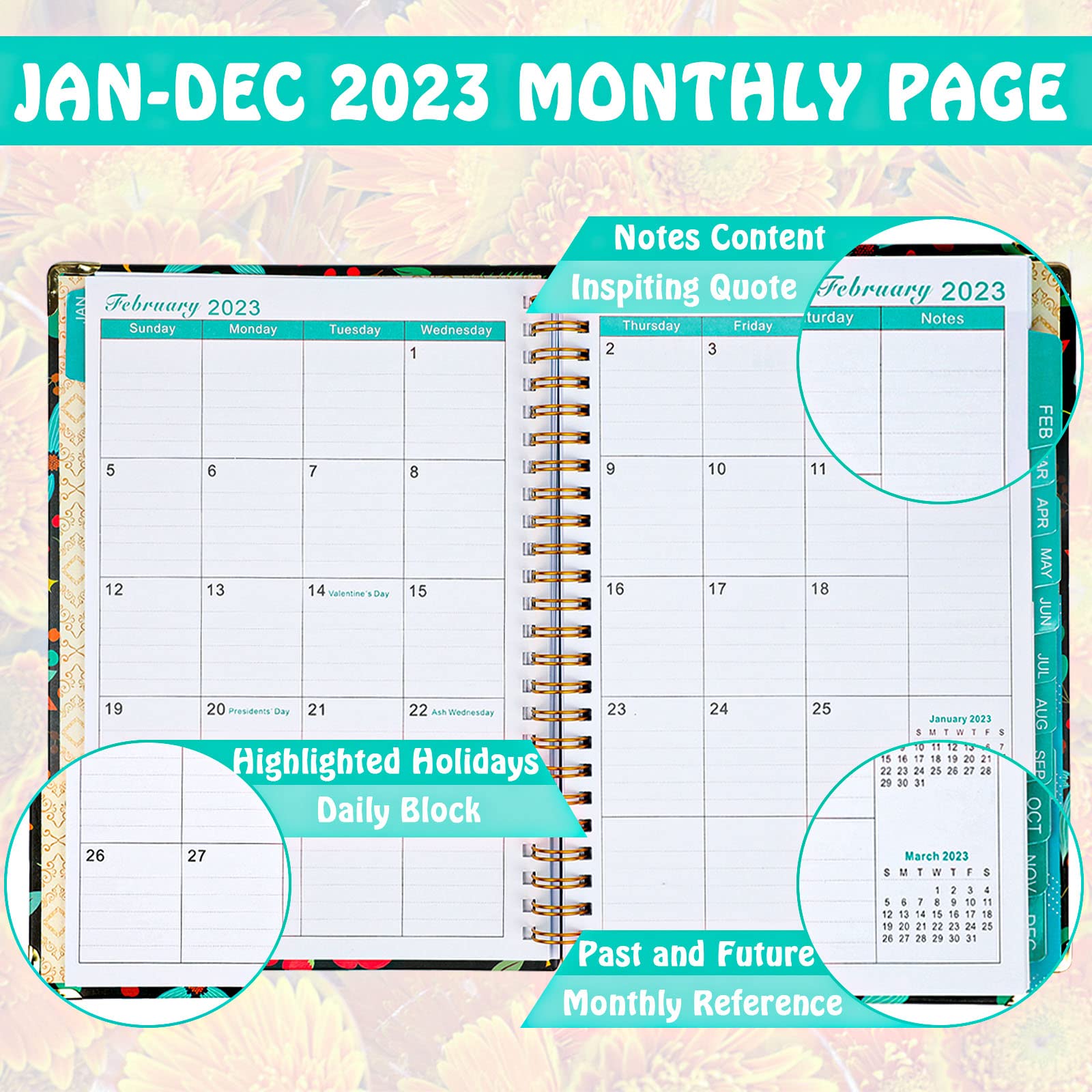 Agenda 2023 – Agenda settimanale e mensile 2023, gennaio – dicembre 2023, 16,3 x 21,6 cm, con linguette, tasca posteriore, doppia forte (stile 2)