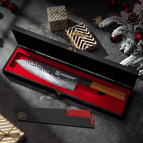 Miniatura 7 de Cuchillo japonés de 8 pulgadas, forjado a mano con acero de alto carbono 9CR18MOV de 3 capas, mango de palisandro antideslizante ultra afilado,