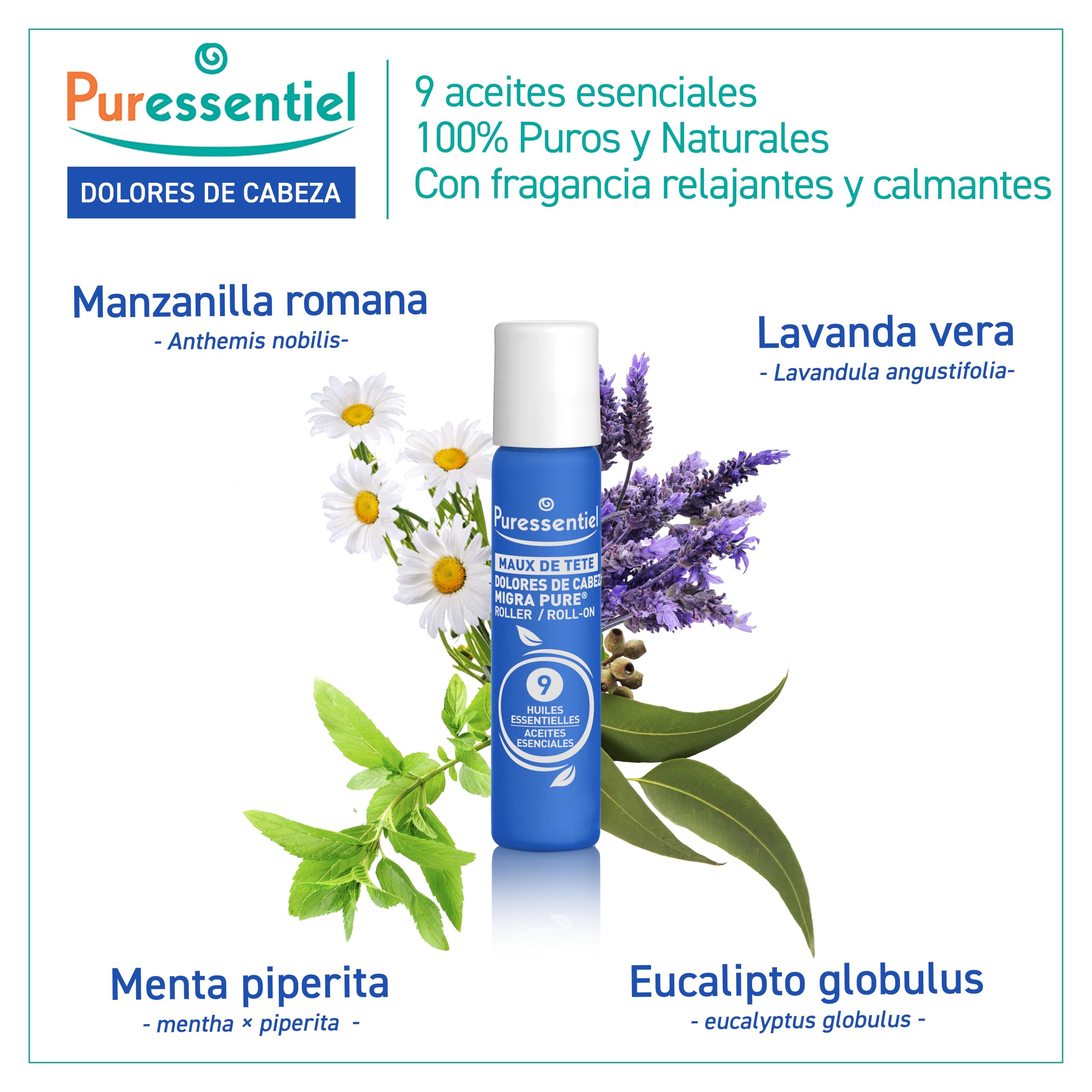 Puressentiel – Roll-On Dolor de Cabeza – Eficacia probada para aliviar el dolor – Alivio Rápido – Efecto Frío Intenso – 9 Aceites Esenciales – 5 ml
