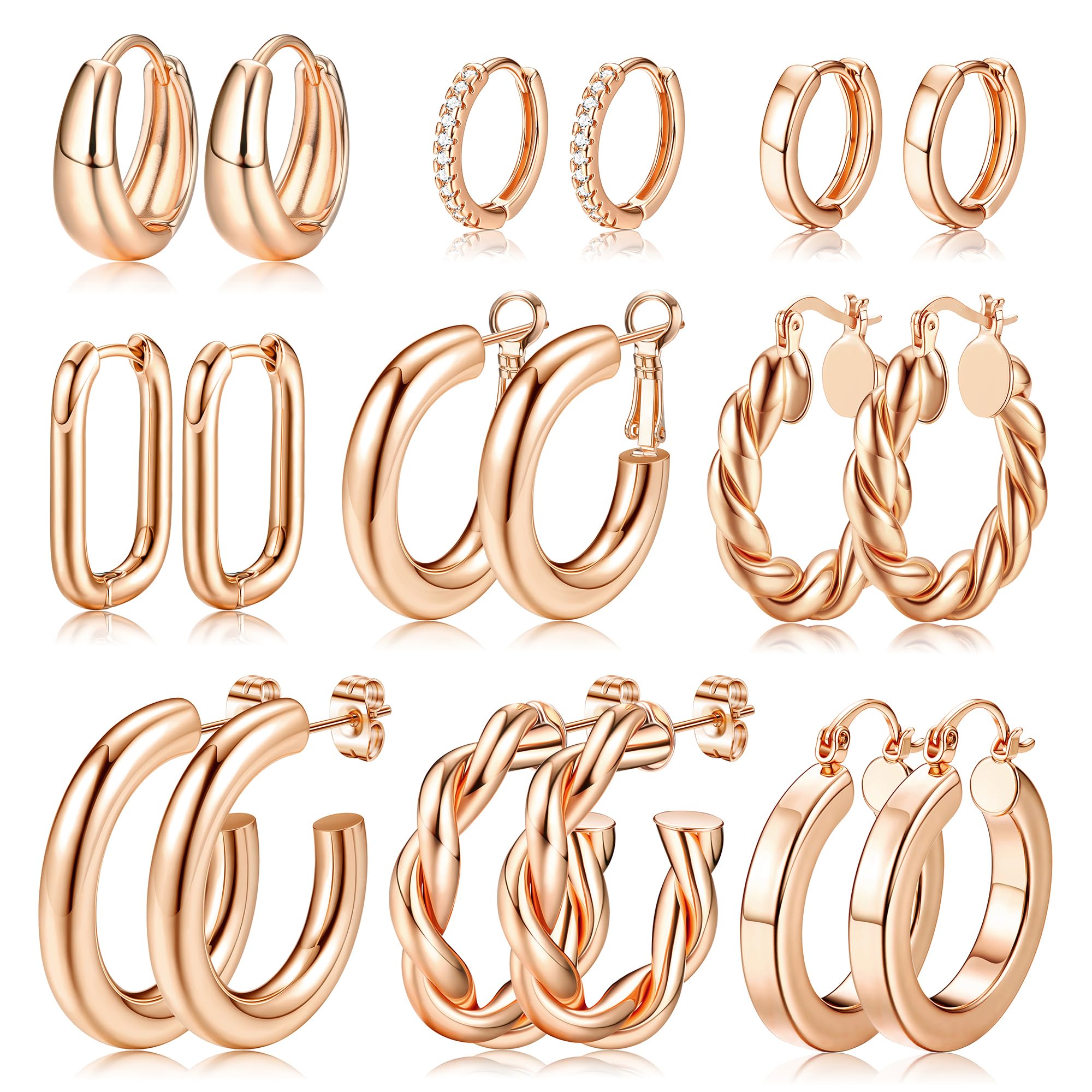 KRFY9 Pares de Pendientes de Oro para Mujeres Niñas 14K Chapado en Oro Chunky Multipack Hipoalergénico Ligero Hueco Grueso Abierto Retorcido Pendientes de Oro