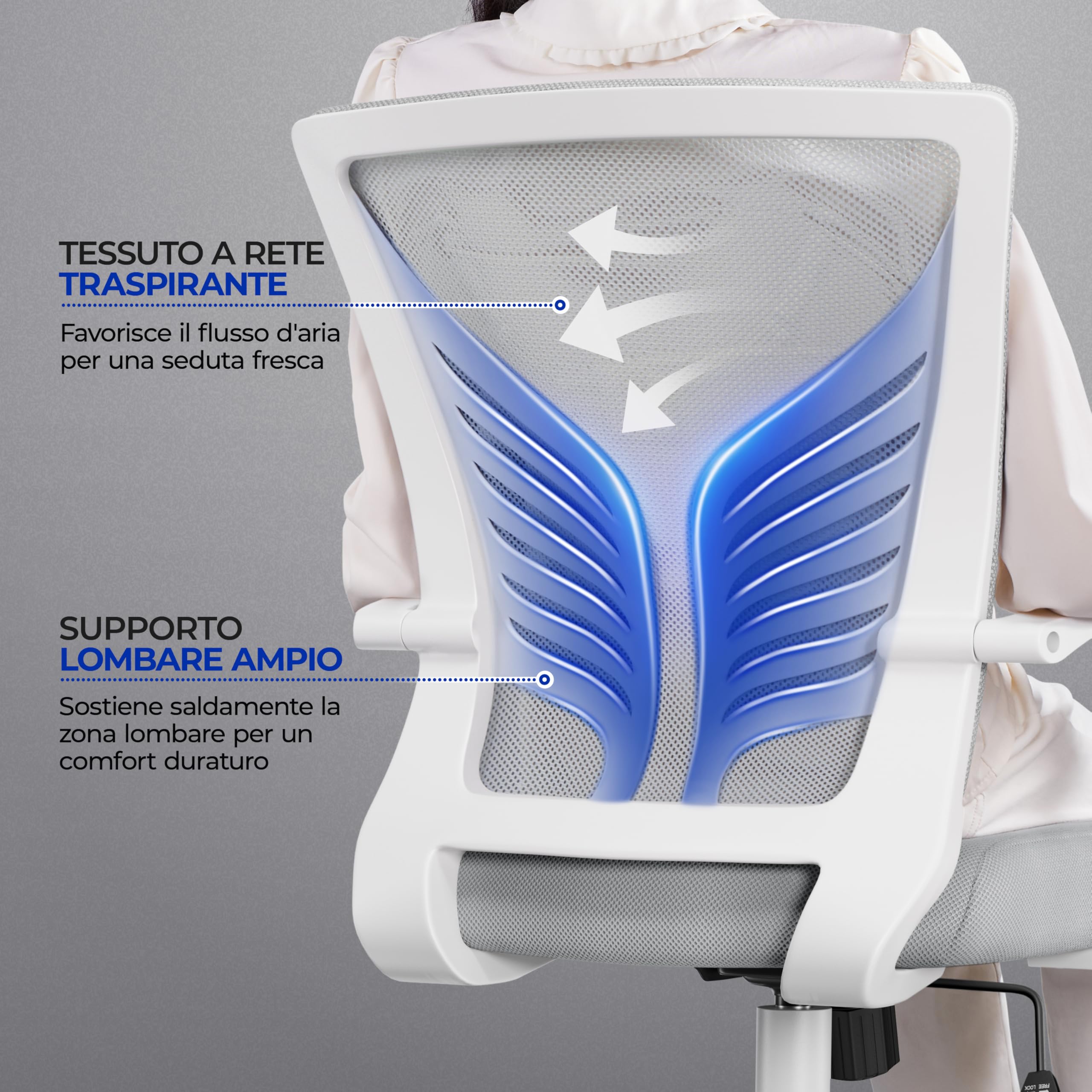 Yaheetech Sedia da Scrivania Ufficio Ergonomica a Rotelle Girevole Reclinabile in Rete Traspirante con Braccioli Altezza Regolabile Portata 136 kg Grigio Chiaro