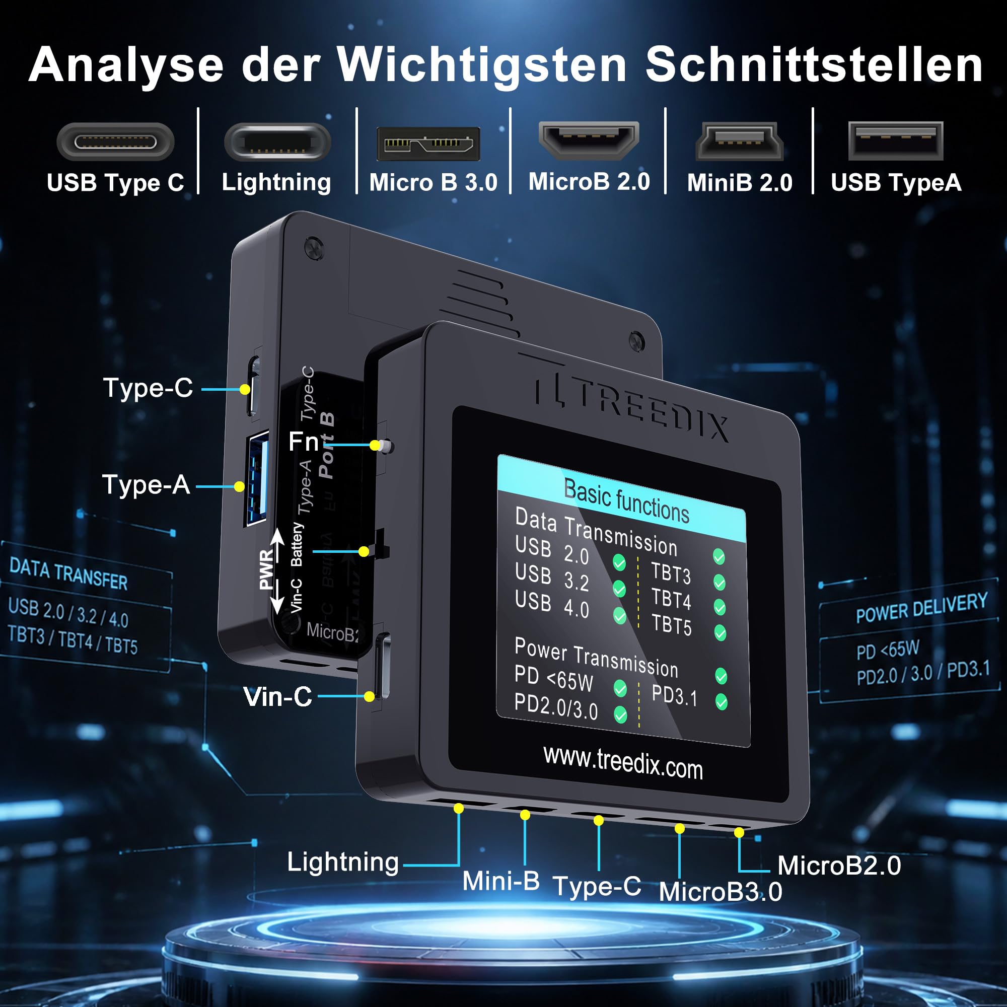 Treedix USB-Kabeltester, 2,4-Zoll-Farbdisplay USB-C-Kabeltester,USB-Tester unterstützt Kabeltests, Widerstandstests, Type-C eMarker für Lightning, Micro-B 2.0, Micro-B 3.0, Type-C, Mini-B