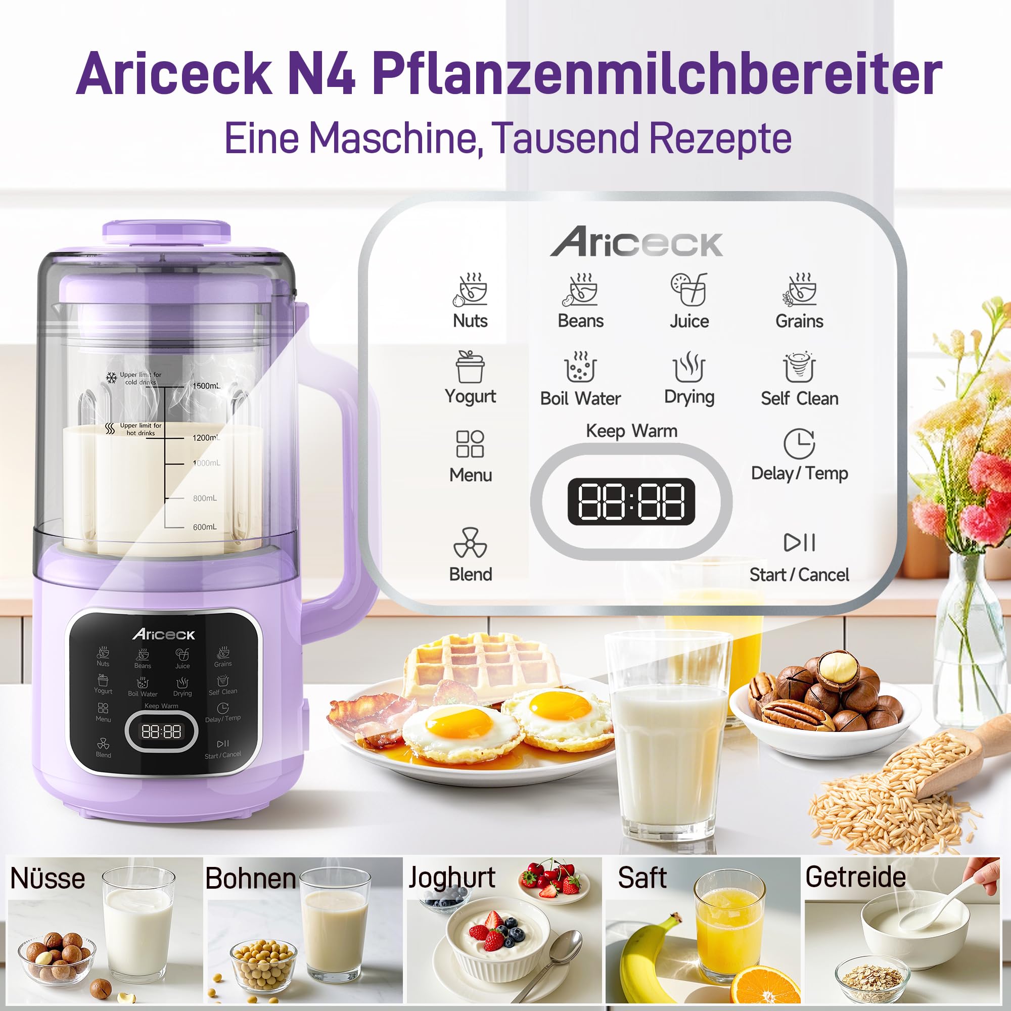 N4 Macchina per Latte di Soia, con Funzione Autopulente – Ideale per latte di mandorla, latte di soia e frullati – 1500ML – Motore ad alta potenza da 800 W – Ricettario incluso – Senza BPA