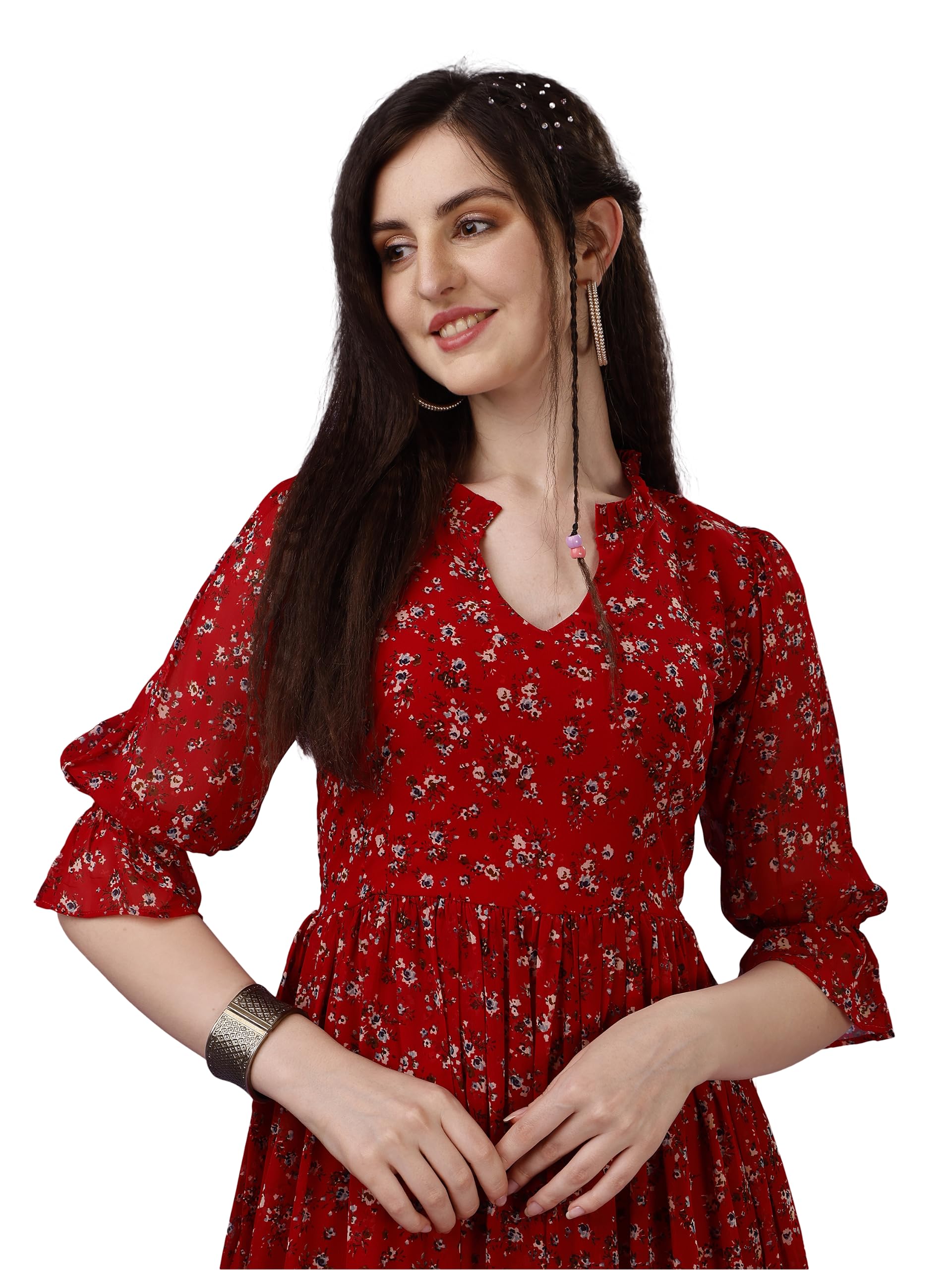Fashion2wear Vestido midi casual con cuello redondo y estampado de flores georgette para niña